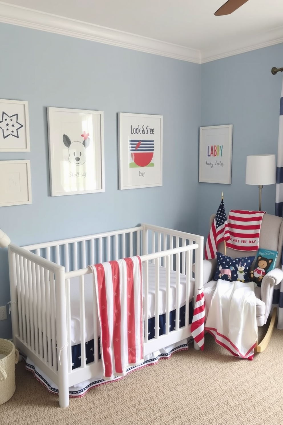 A cozy nursery decorated with Memorial Day themed prints. The walls are adorned with soft blue and white colors, featuring framed artwork of stars and stripes alongside playful patriotic motifs. A comfortable crib is centered in the room, draped with a lightweight red and white striped blanket. A plush rocking chair sits in the corner, accompanied by a small side table displaying a decorative flag and a collection of children's books.