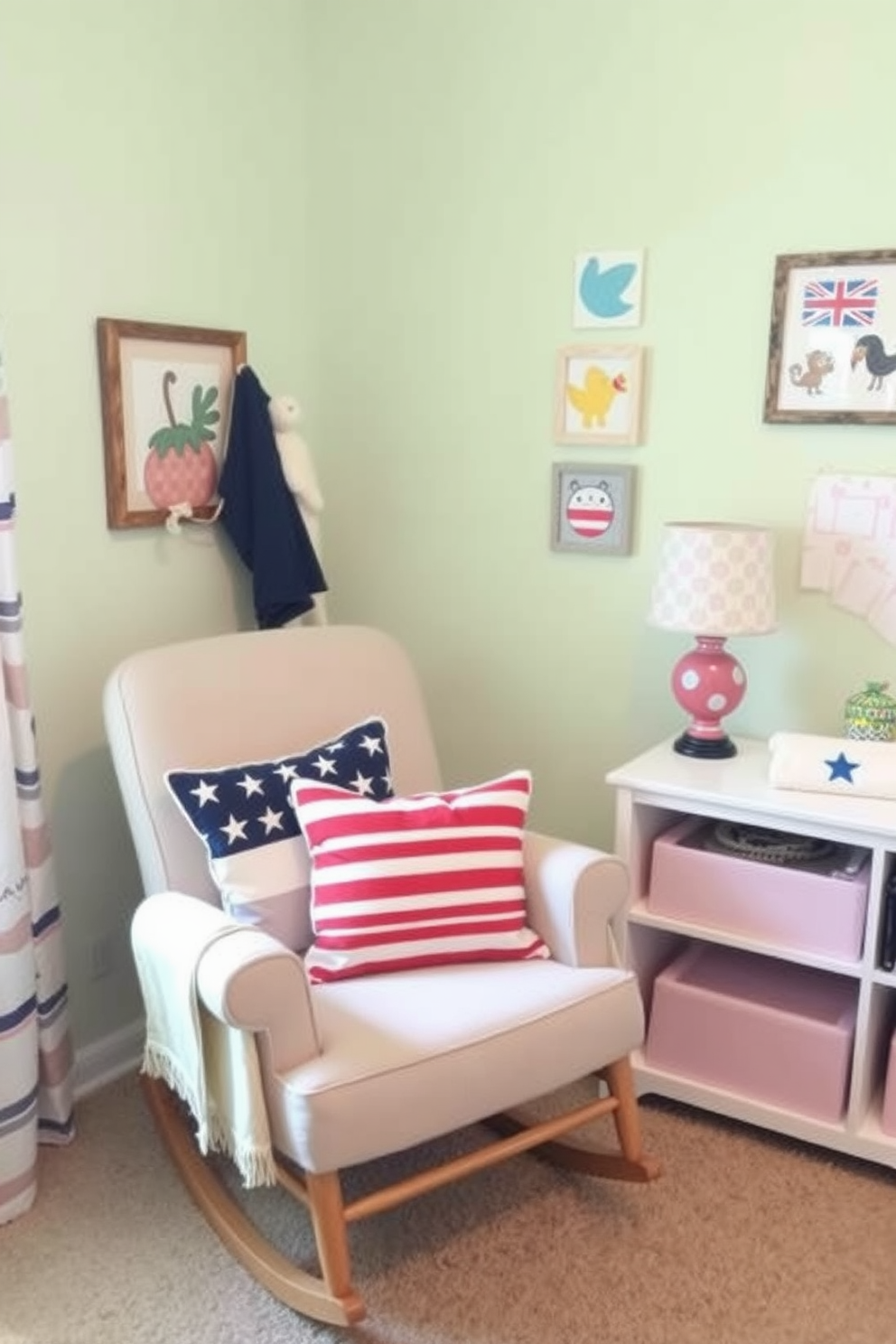 A charming nursery adorned with handprint art projects on the walls. Each handprint is painted in vibrant colors, creating a playful and personalized atmosphere. For Memorial Day, the nursery features subtle patriotic decorations. Soft red, white, and blue accents are incorporated through cushions and wall hangings, celebrating the holiday in a gentle way.