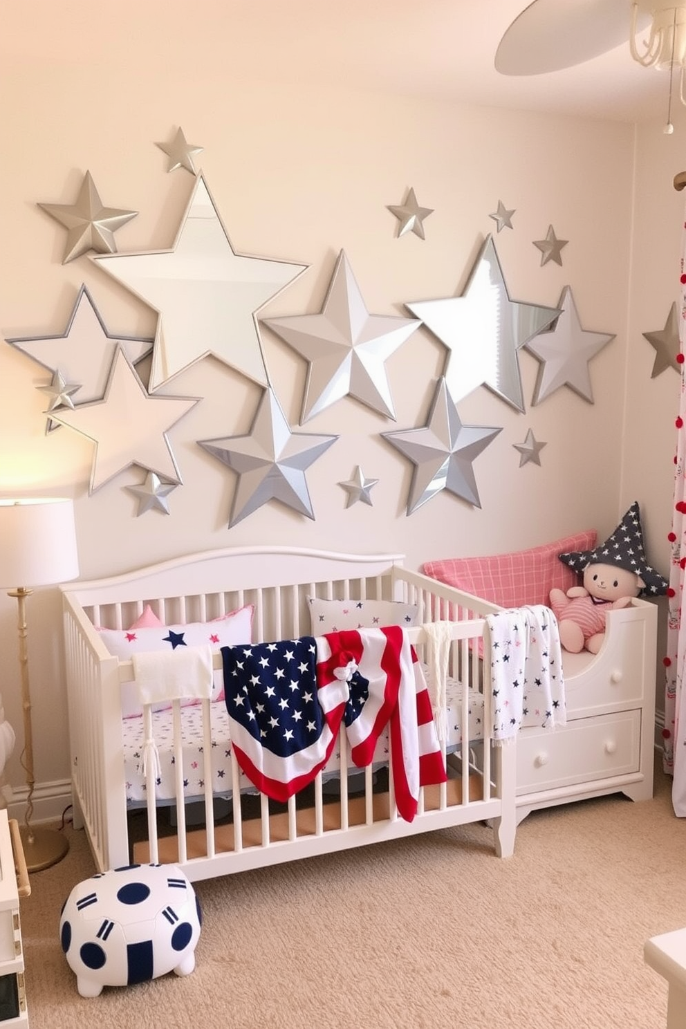 A whimsical nursery designed for Memorial Day featuring star shaped wall mirrors that reflect soft pastel colors. The walls are adorned with patriotic-themed decorations and the furniture is arranged to create a cozy and inviting space for children.