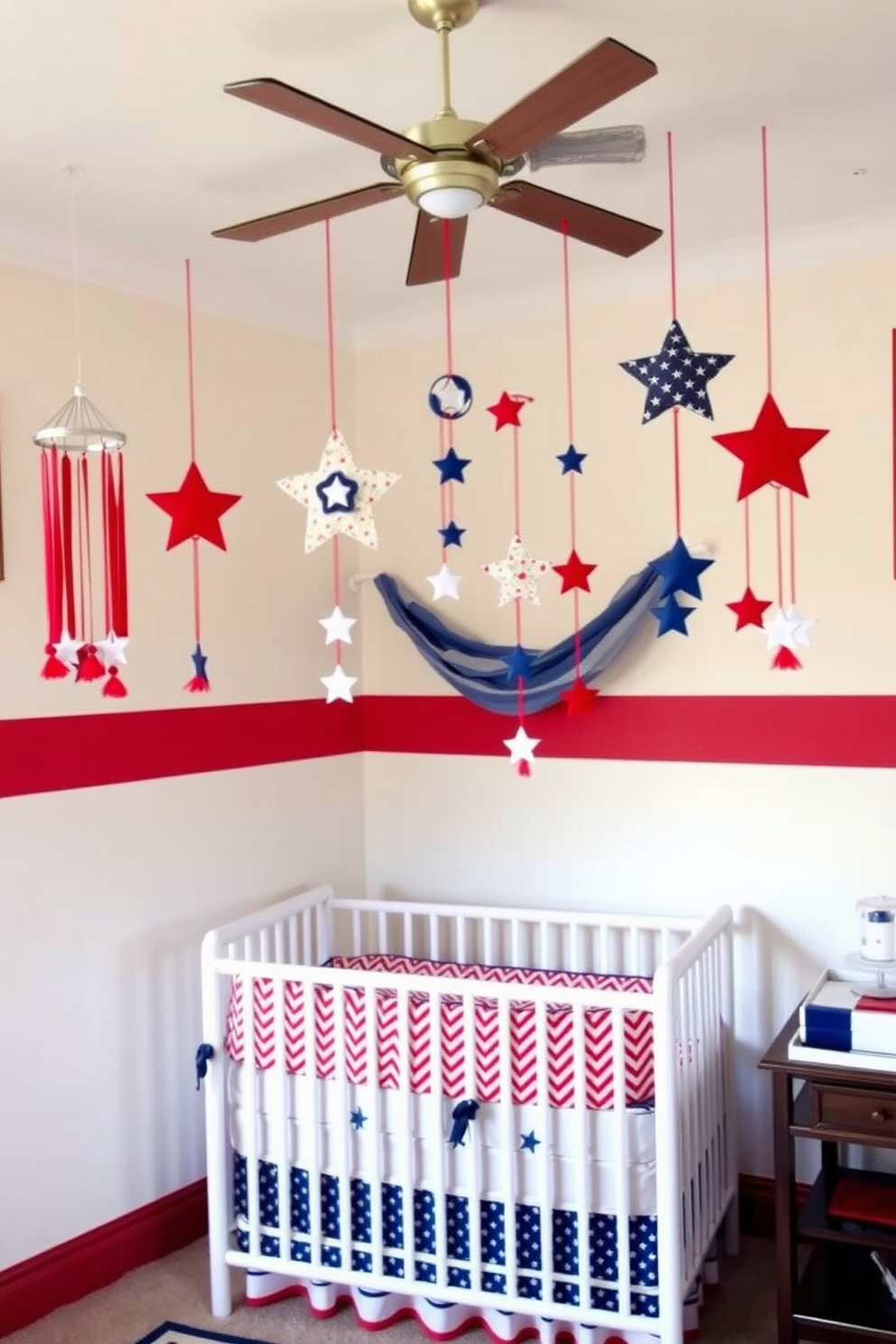 A charming nursery setting featuring a changing table draped with a star and stripe tablecloth. The walls are painted in soft pastel colors, and a cozy rocking chair sits nearby adorned with a red and white throw blanket.