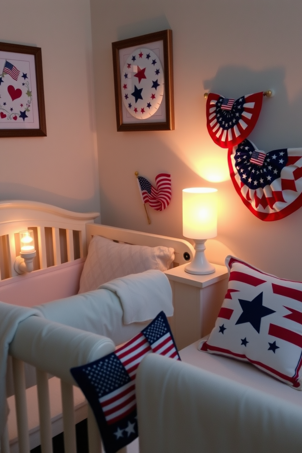 Create a cozy nursery space adorned with patriotic themed nightlights that softly illuminate the room. The nightlights feature designs such as stars and stripes, and are crafted in soft colors of red, white, and blue, adding a warm and inviting atmosphere. Incorporate decorative elements like small flags and themed cushions to enhance the Memorial Day spirit. The overall decor should evoke a sense of pride and celebration while ensuring a peaceful environment for the baby to rest.