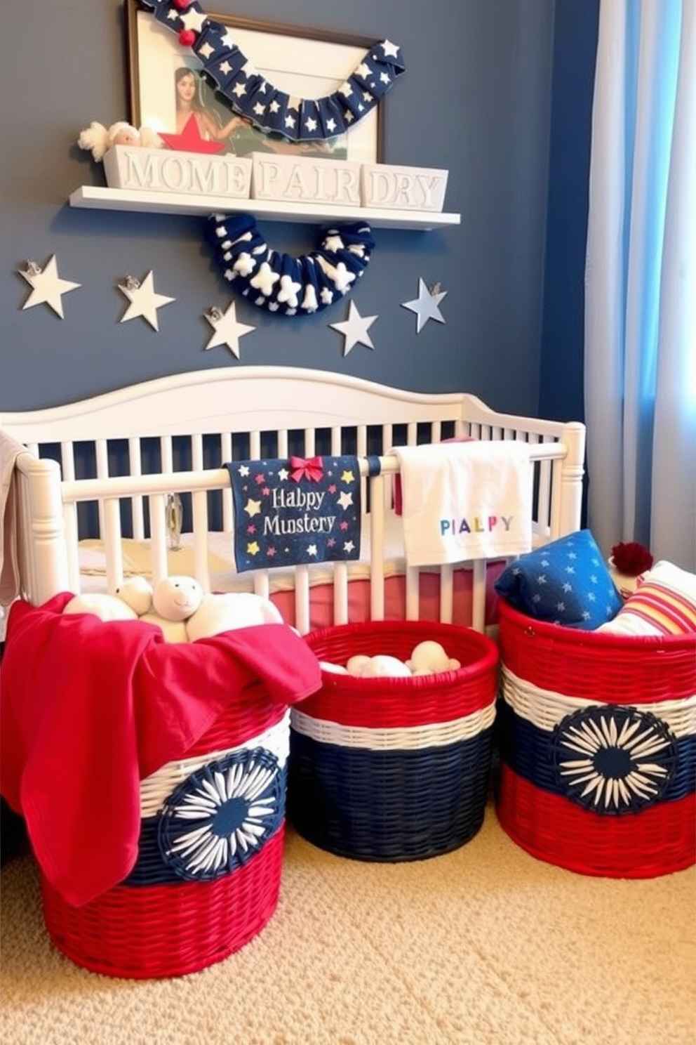 A charming nursery adorned with seasonal flowers in red, white, and blue for Memorial Day. The walls are painted in soft pastel shades, creating a warm and inviting atmosphere.