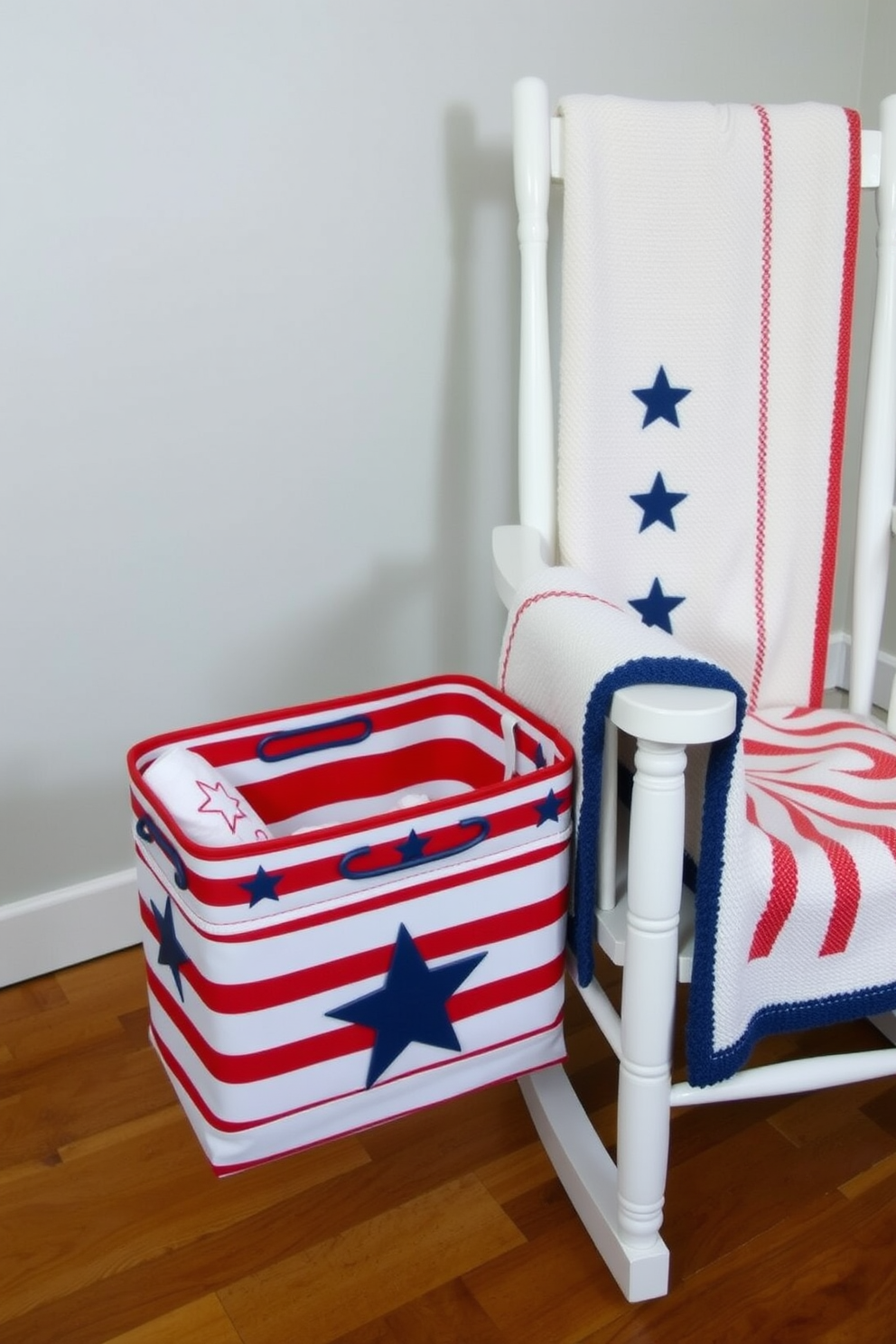 Create a charming nursery setting inspired by a stars and stripes theme for Memorial Day. The diaper caddy features a red and white striped design with blue star accents, positioned next to a cozy rocking chair adorned with a matching throw blanket.