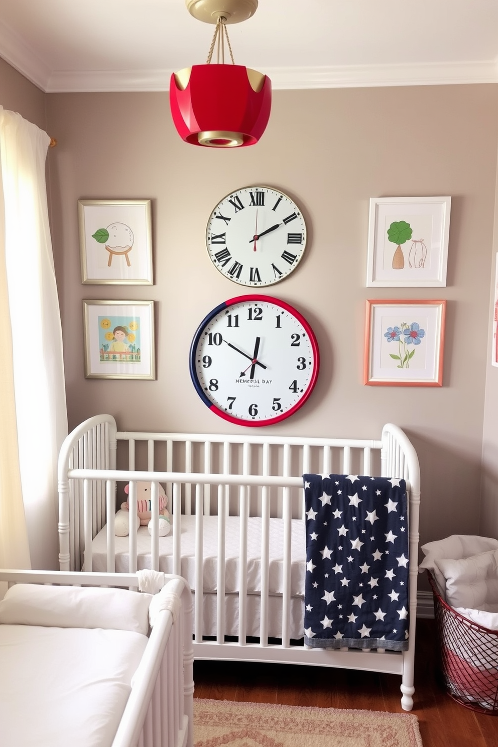 A charming nursery decorated for Memorial Day features a red white and blue wall clock as a focal point. The clock is surrounded by playful wall art and soft pastel accents that create a warm and inviting atmosphere.