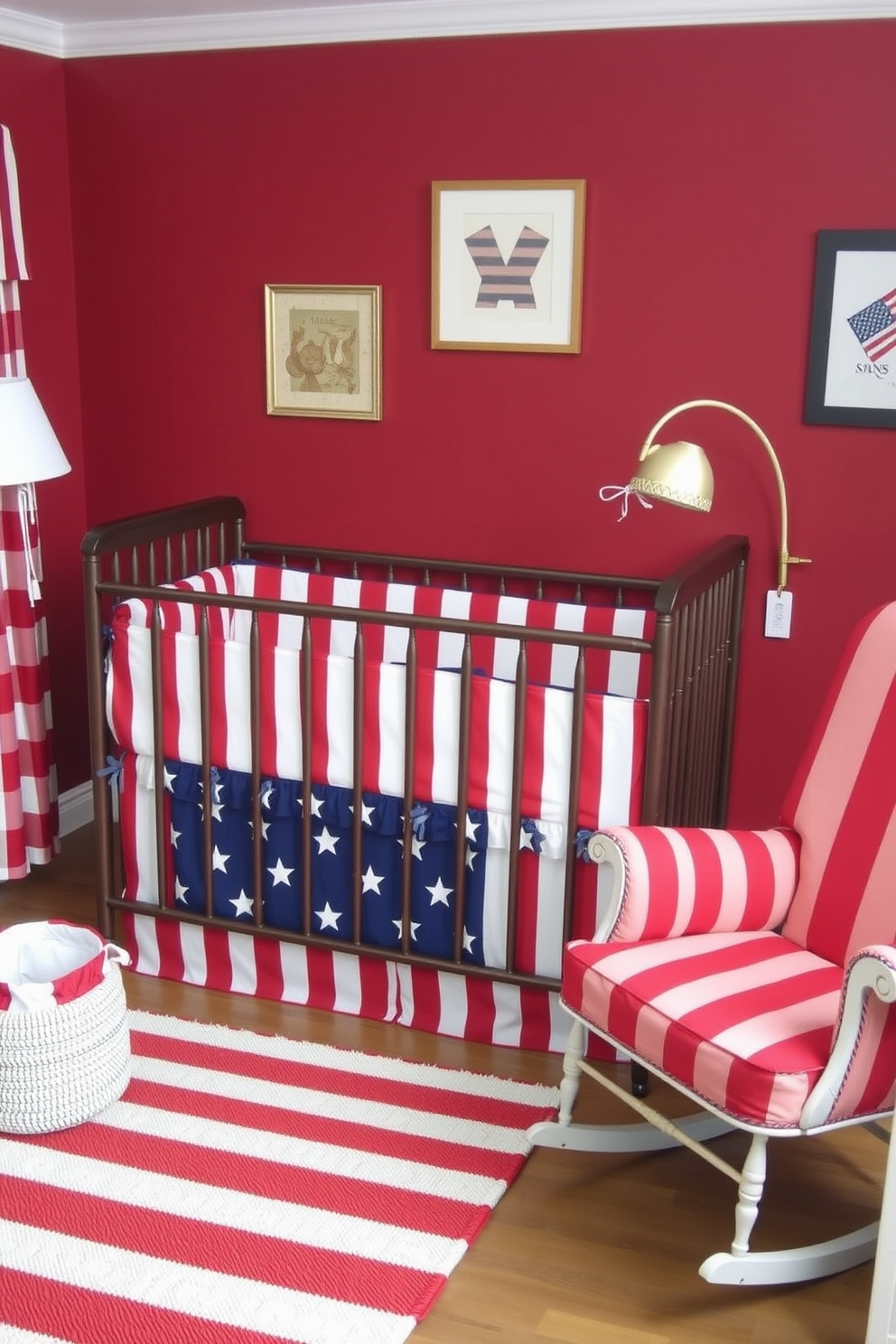 American flag themed crib bedding creates a patriotic atmosphere in the nursery. The bedding features bold red and white stripes with a blue section adorned with white stars. Complement the crib with a cozy rocking chair upholstered in a matching fabric. Add decorative accents like a red and white striped rug and wall art that celebrates American symbols.