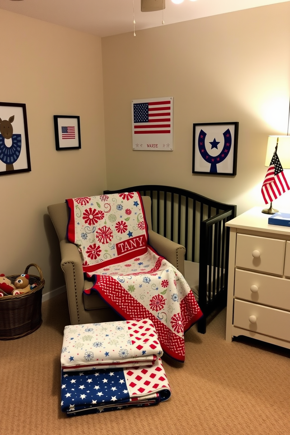 A cozy nursery decorated for Memorial Day featuring baby blankets with red white and blue patterns. The walls are adorned with patriotic-themed artwork and soft lighting creates a warm atmosphere. The baby blankets are draped over a rocking chair and neatly folded at the foot of the crib. A small American flag sits on the dresser adding a festive touch to the overall decor.