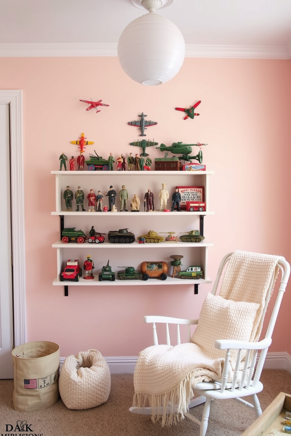 A vintage military toy display shelf is the focal point of a charming nursery. The shelf is filled with an array of colorful toy soldiers, vintage planes, and miniature tanks, creating a playful yet nostalgic atmosphere. Soft pastel colors dominate the nursery walls, complementing the vibrant toys. A cozy rocking chair sits nearby, adorned with a plush throw blanket, inviting parents to share stories of bravery and adventure.