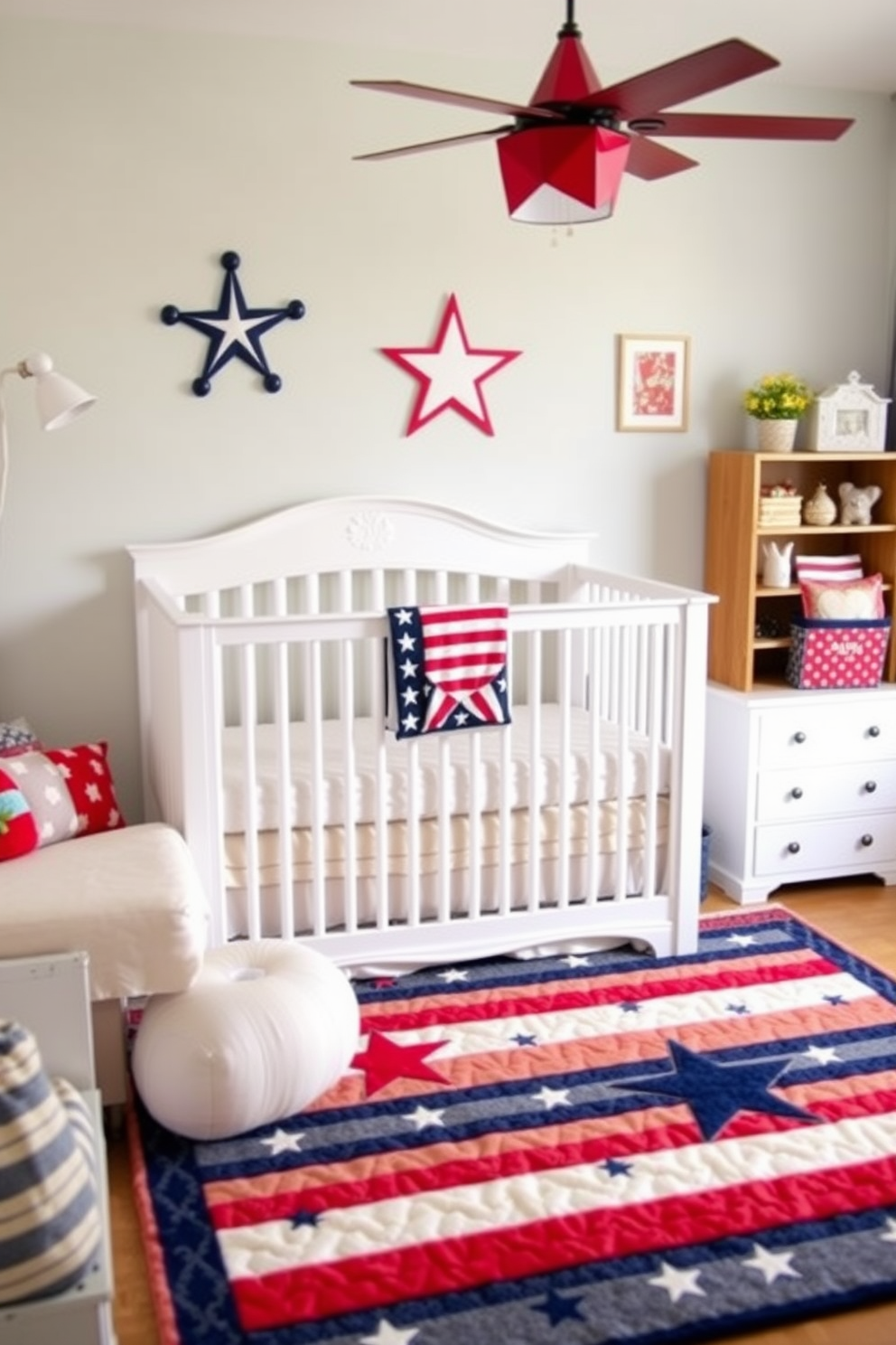 Memorial Day themed artwork for walls. A large canvas featuring a patriotic landscape scene with flags and flowers hangs prominently, complemented by smaller framed prints of historical military images. Memorial Day Nursery Decorating Ideas. Soft pastel colors dominate the room, with a crib adorned in a star-patterned bedding set, while wall decals of flags and doves create a serene and festive atmosphere.