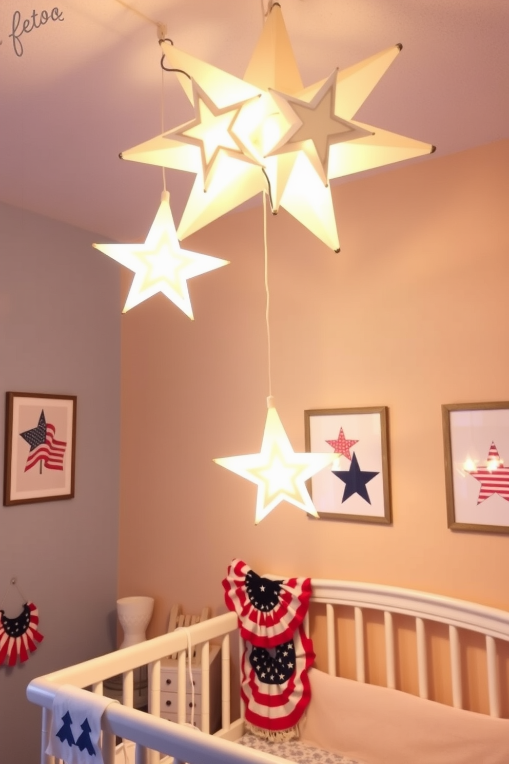 A nursery decorated for Memorial Day features star-shaped pendant lights hanging from the ceiling, casting a warm glow throughout the room. The walls are painted in soft pastel colors, with patriotic-themed artwork adorning them to celebrate the holiday.