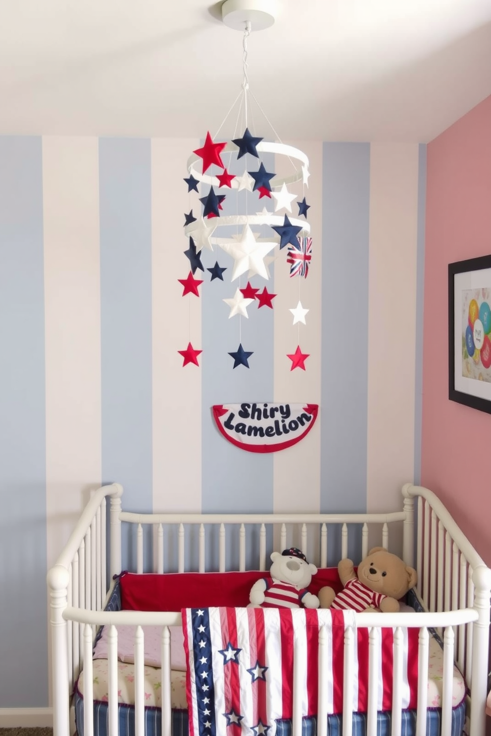 A charming nursery decorated for Memorial Day features a mobile hanging from the ceiling adorned with red white and blue stars and stripes. Soft pastel colors on the walls complement a cozy crib draped with a patriotic quilt and surrounded by plush toys in festive colors.