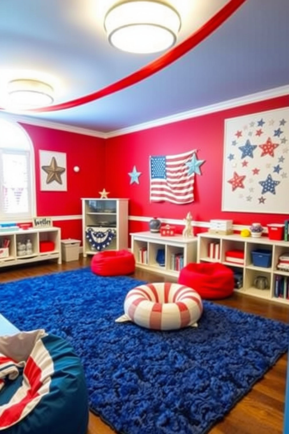 A vibrant playroom filled with energy and creativity. The walls are painted in a cheerful red, accented with blue and white furniture pieces that reflect a festive Memorial Day theme. Colorful rugs with stars and stripes cover the floor, providing a playful atmosphere. Various toys and games are neatly organized on shelves, creating an inviting space for children to explore and enjoy.