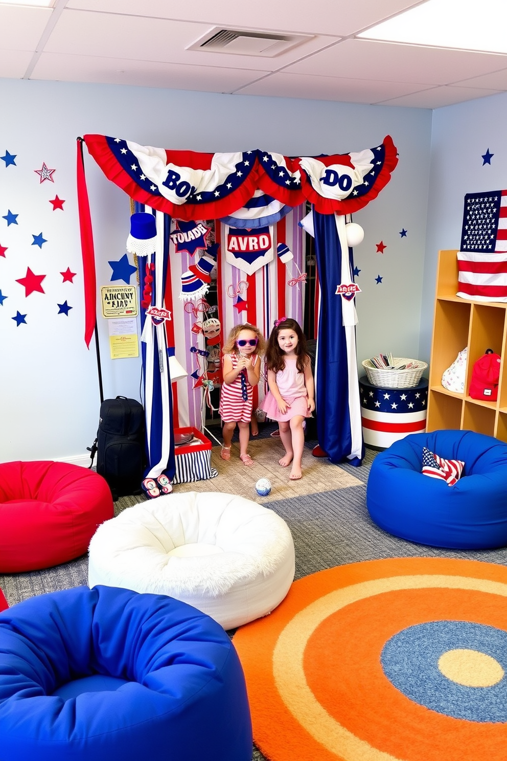 A vibrant playroom featuring a fun photo booth decorated for Memorial Day. The booth is adorned with red, white, and blue props including hats, sunglasses, and banners, creating a festive atmosphere. Colorful bean bags and plush rugs are scattered around the room for comfort and play. Wall decals of stars and stripes add an extra touch of celebration to the space.