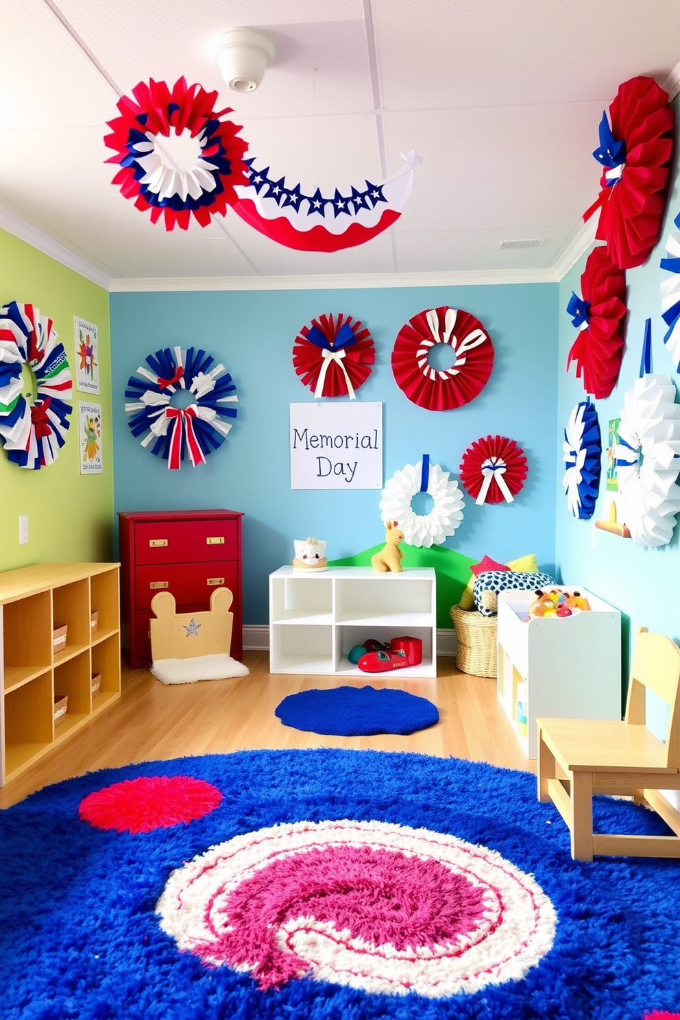 A vibrant playroom filled with colorful decorative wreaths in red, white, and blue hues celebrating Memorial Day. The walls are adorned with playful artwork, and the floor is covered in a soft, plush rug that invites children to play.