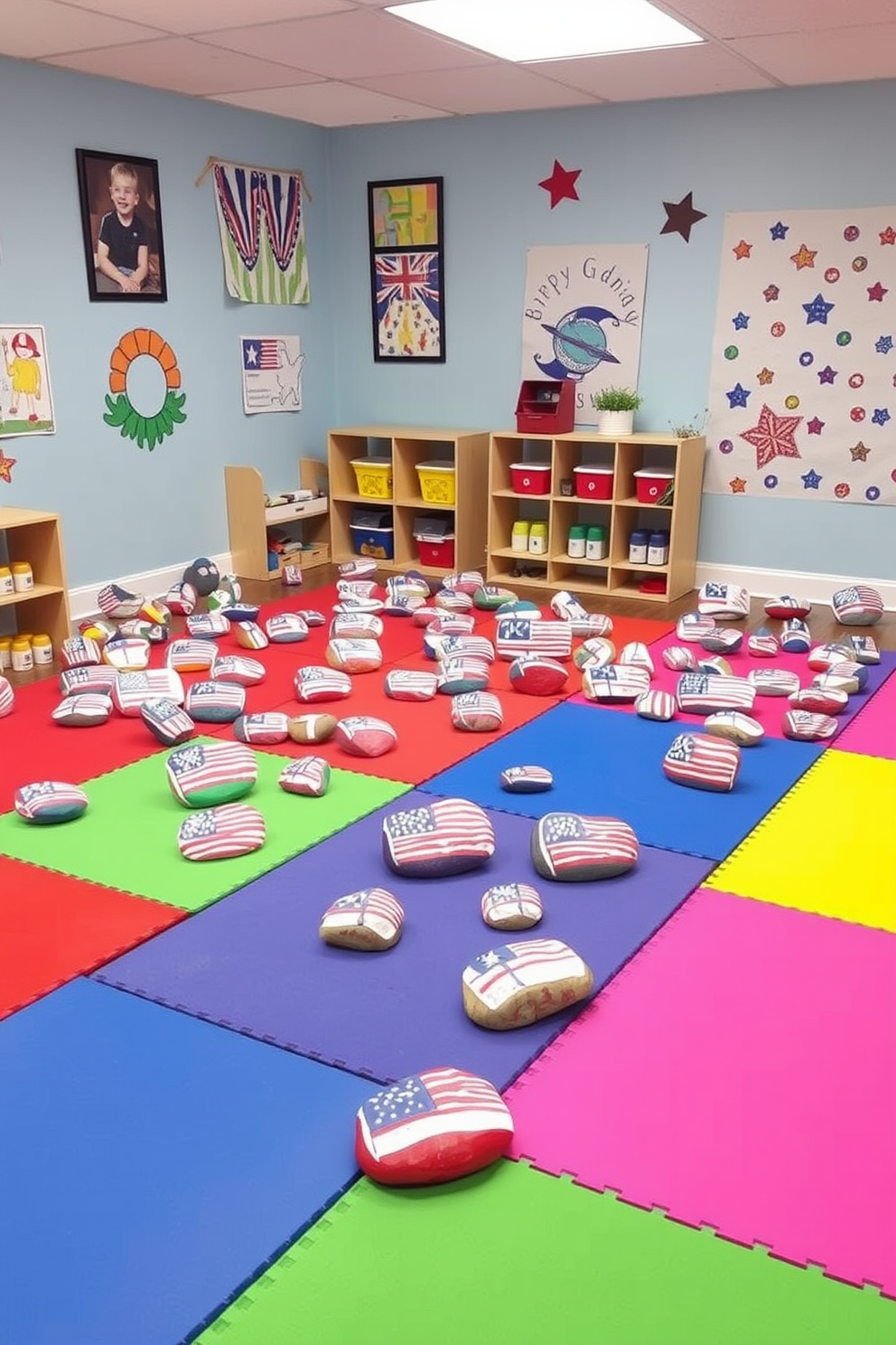 A vibrant playroom filled with colorful DIY painted rocks displaying various flags to celebrate Memorial Day. The walls are adorned with cheerful artwork, and soft mats cover the floor, creating a welcoming and playful atmosphere for children.