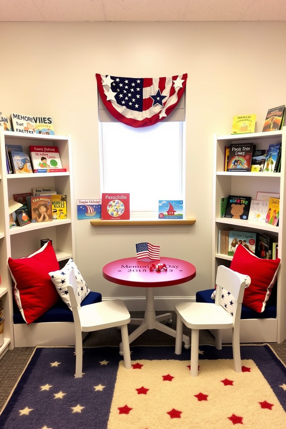 A cozy themed story corner designed for children to celebrate Memorial Day. The space features a red white and blue color scheme with themed cushions and a soft rug for comfort. Bookshelves filled with patriotic-themed children's books line the walls. A small table with chairs invites kids to gather round for storytime and crafts.