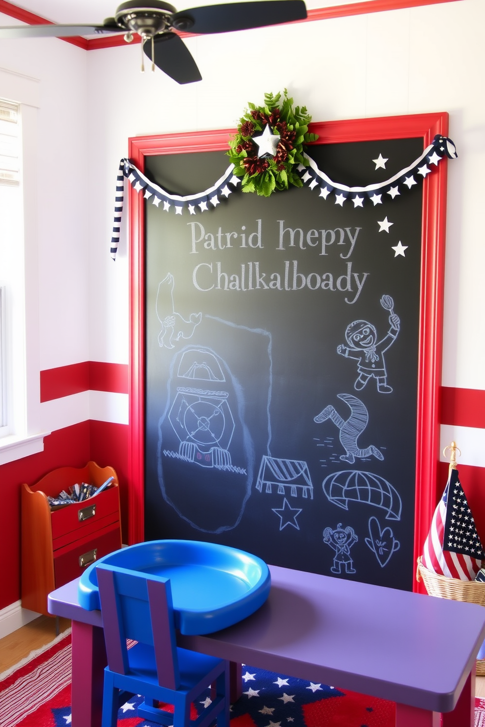 A charming playroom featuring a large patriotic chalkboard designed for children's drawings. The chalkboard is framed in bright red and adorned with stars and stripes, creating a festive atmosphere for Memorial Day celebrations.