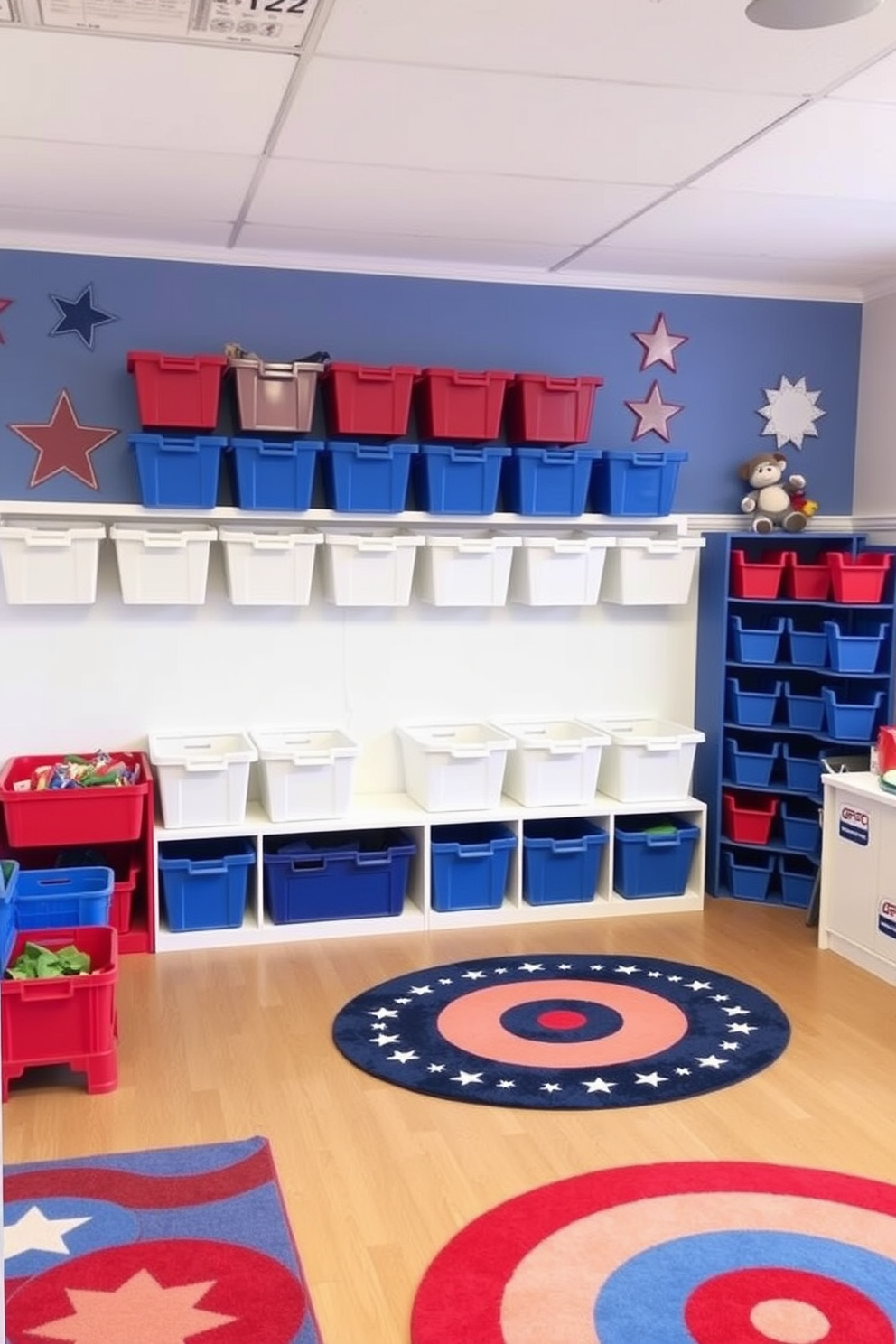 A vibrant playroom designed for Memorial Day celebrations. The room features red white and blue toy storage bins arranged neatly along the wall, creating a patriotic atmosphere. Colorful rugs in matching hues cover the floor, providing a playful space for children to sit and play. Wall decorations include stars and stripes, adding to the festive spirit of the room.