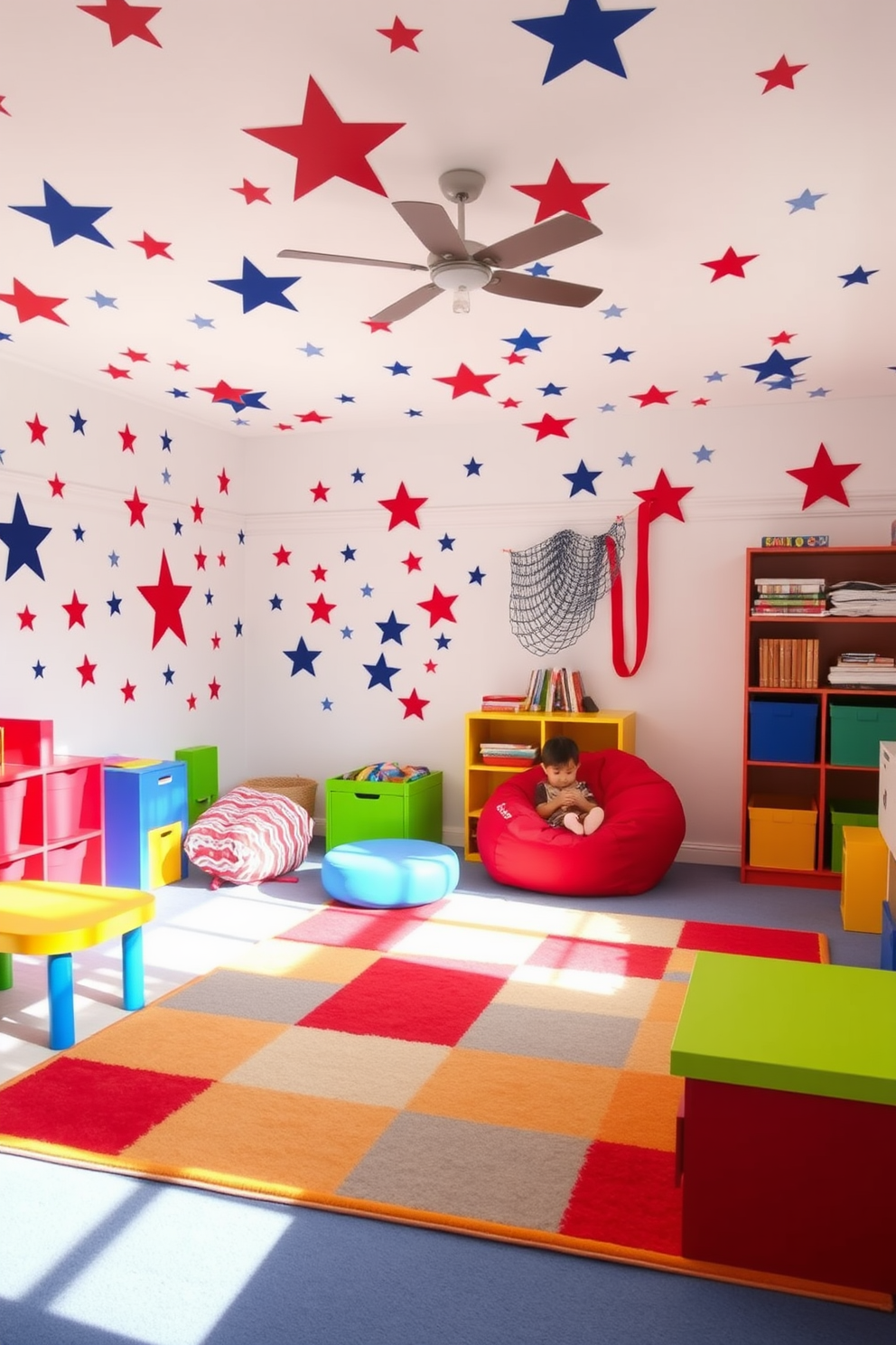 A vibrant playroom filled with joy and creativity. The walls are adorned with stars and stripes wall decals in red, white, and blue, celebrating the spirit of Memorial Day. Brightly colored furniture, including a cozy reading nook with bean bags, invites children to relax and play. A large, soft area rug in complementary colors anchors the space, providing a safe play area for kids.