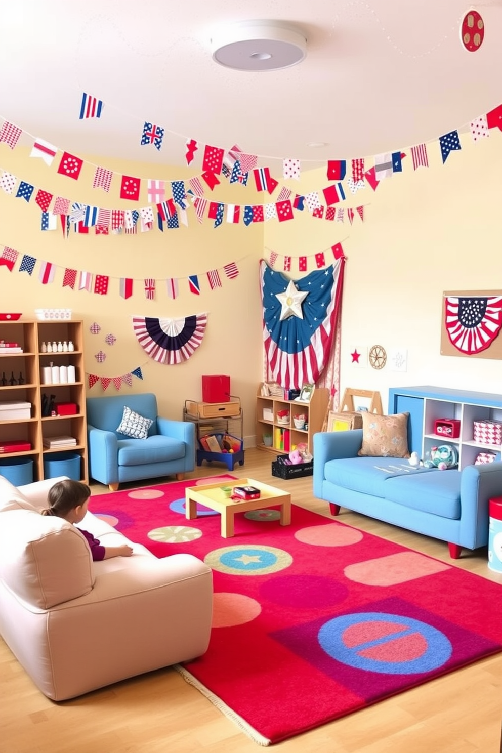 A vibrant playroom filled with creativity and joy. The walls are adorned with colorful bunting made from fabric scraps, celebrating Memorial Day with red, white, and blue patterns. Soft, plush seating arrangements invite children to relax and play. Brightly colored rugs cover the floor, providing a cozy space for imaginative activities and games.