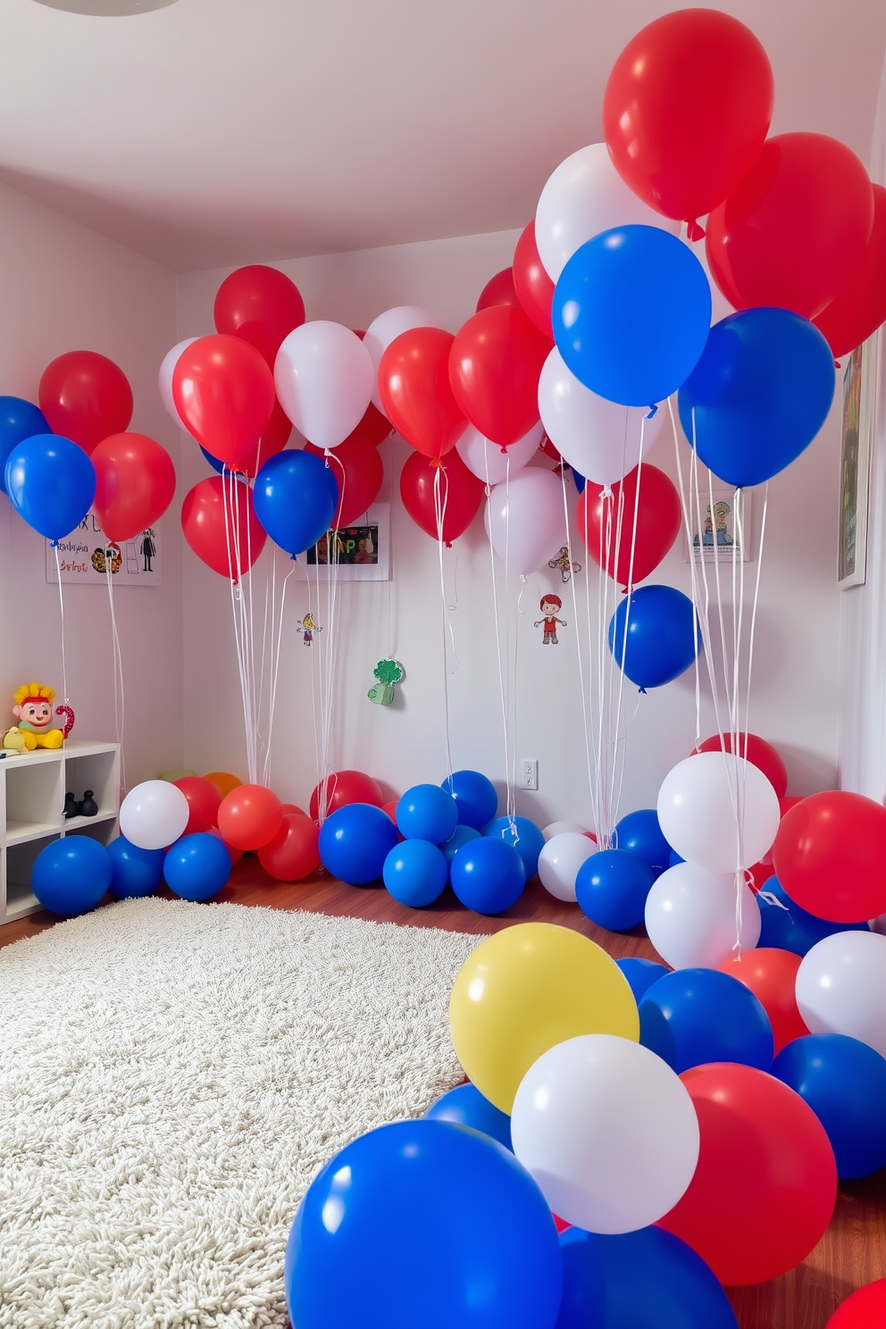 A vibrant playroom filled with red white and blue toy bins arranged neatly along the walls. The room features playful decor inspired by Memorial Day with stars and stripes accents on the soft rugs and wall art.