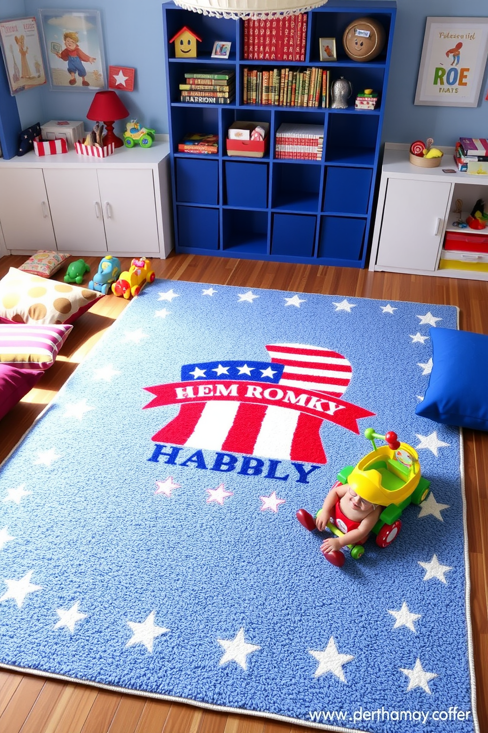 A vibrant playroom features a large area rug adorned with a patriotic design celebrating Memorial Day. The rug is surrounded by colorful cushions and playful toys, creating an inviting space for children to enjoy.