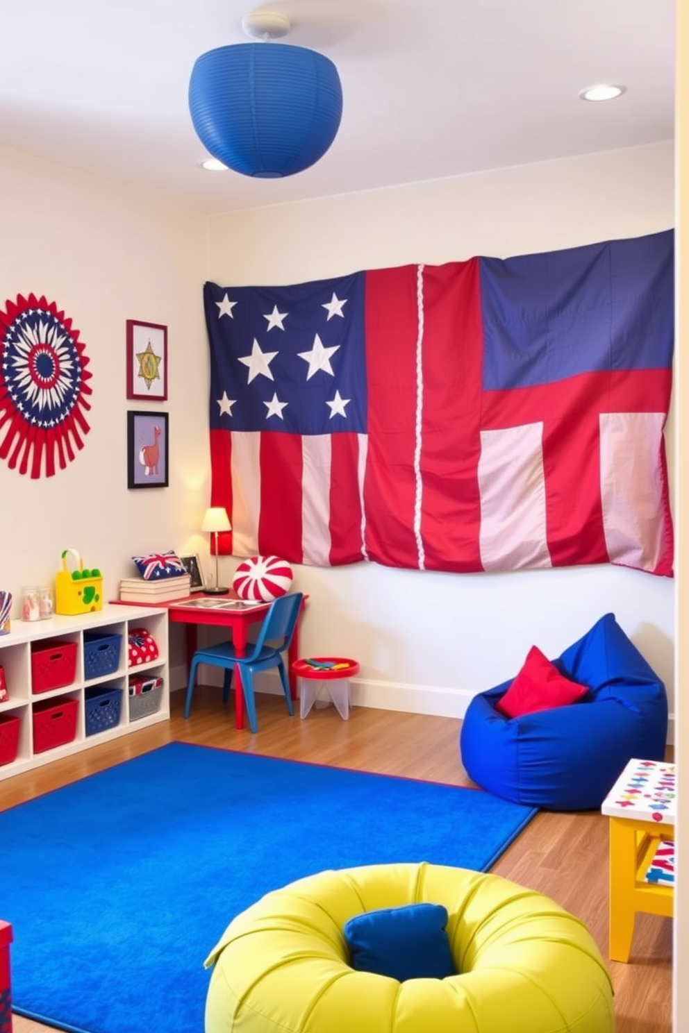 A vibrant playroom featuring patriotic themed wall art that celebrates Memorial Day. The walls are adorned with colorful banners, stars, and stripes, creating an inviting atmosphere for children to play and learn.