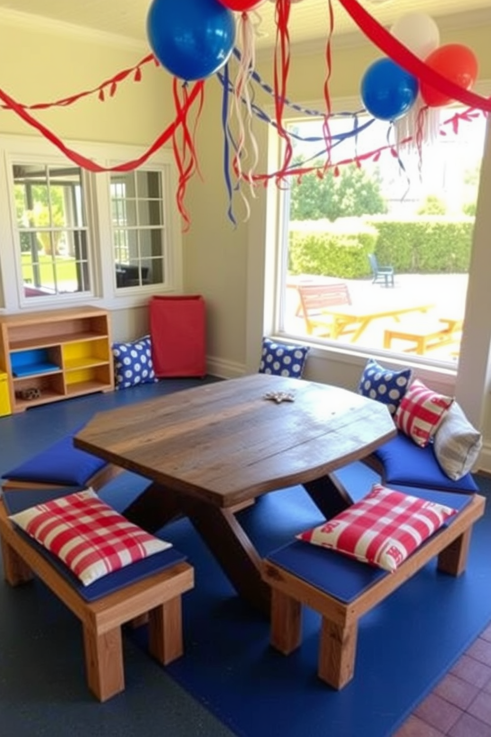 Creative seating with picnic tables. A vibrant outdoor space features a rustic wooden picnic table surrounded by colorful, cushioned benches. Memorial Day Playroom Decorating Ideas. The playroom is adorned with red, white, and blue decorations, including balloons and streamers, creating a festive atmosphere for family gatherings.