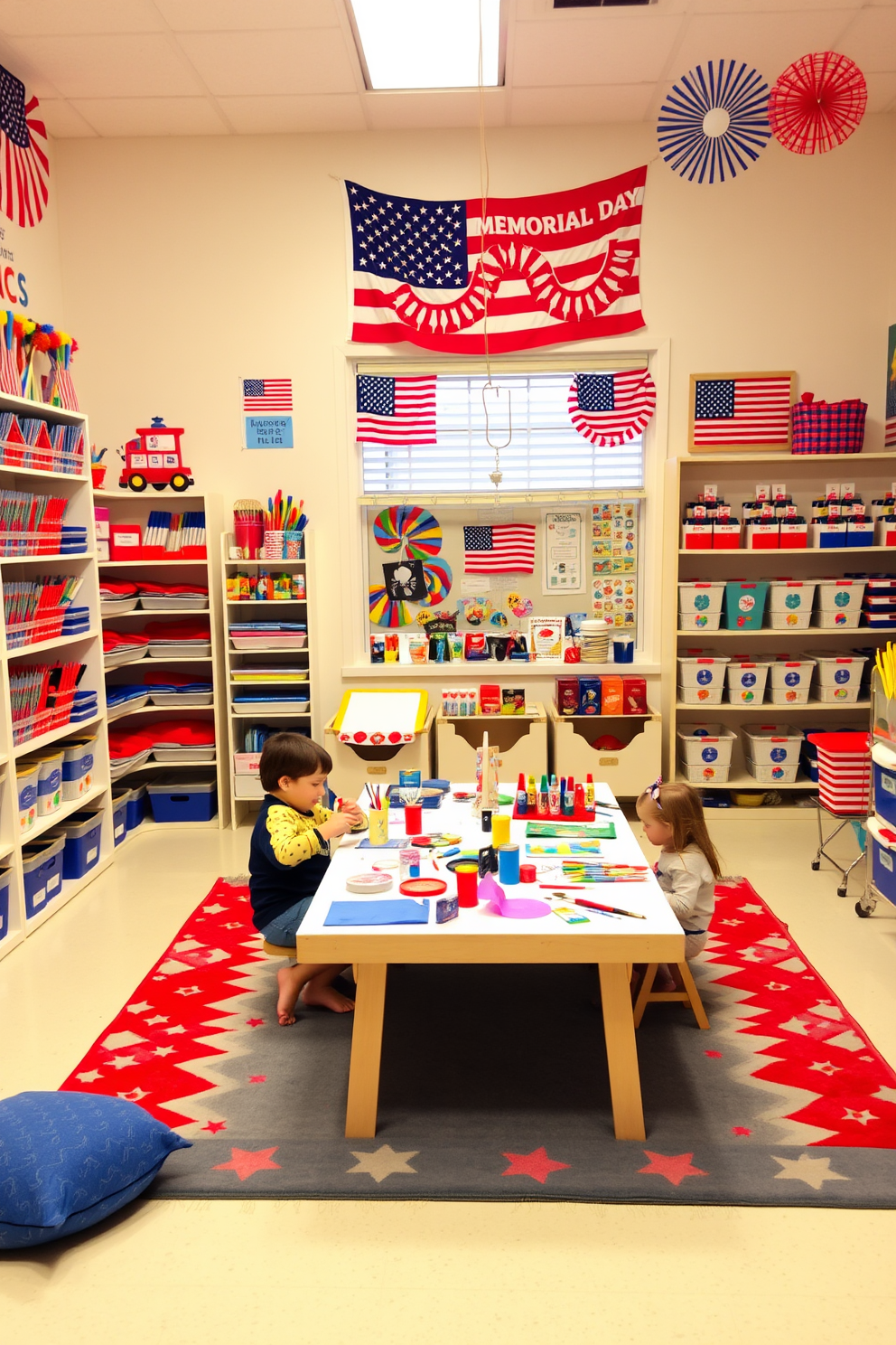 A vibrant playroom filled with colorful flag-themed art supplies neatly organized on shelves. The walls are adorned with cheerful decorations celebrating Memorial Day, creating a festive and inspiring atmosphere for creativity. Soft rugs in red, white, and blue patterns provide a cozy area for children to sit and engage in art projects. A large table in the center is stocked with paints, brushes, and craft materials, inviting kids to explore their artistic talents.