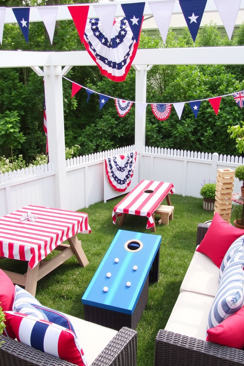 Create an inviting outdoor games area designed for Memorial Day celebrations. Incorporate red white and blue elements through decorations such as picnic tables adorned with themed tablecloths and festive banners. Include a variety of games like cornhole and giant Jenga to encourage friendly competition. Surround the space with comfortable seating options and vibrant cushions for relaxation between activities.