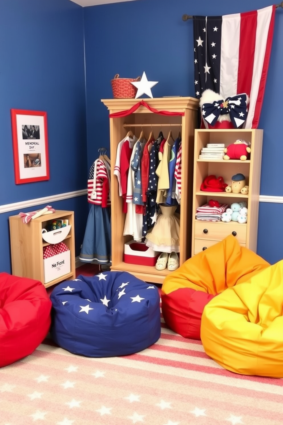 A themed dress-up corner for kids inspired by Memorial Day. The space features a red, white, and blue color scheme with a small wooden wardrobe filled with costumes and accessories. A cozy play area includes a soft area rug with stars and stripes. Brightly colored bean bags provide comfortable seating for imaginative play and storytelling.