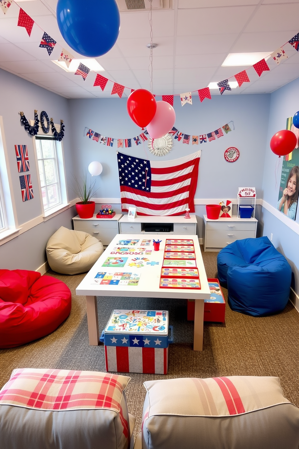 A vibrant playroom designed for Memorial Day celebrations. The walls are adorned with red white and blue decorations including bunting and balloons. A large table is set up in the center with various patriotic puzzles and games for children to enjoy. Comfortable seating is arranged around the table with bean bags and colorful cushions for a playful atmosphere.