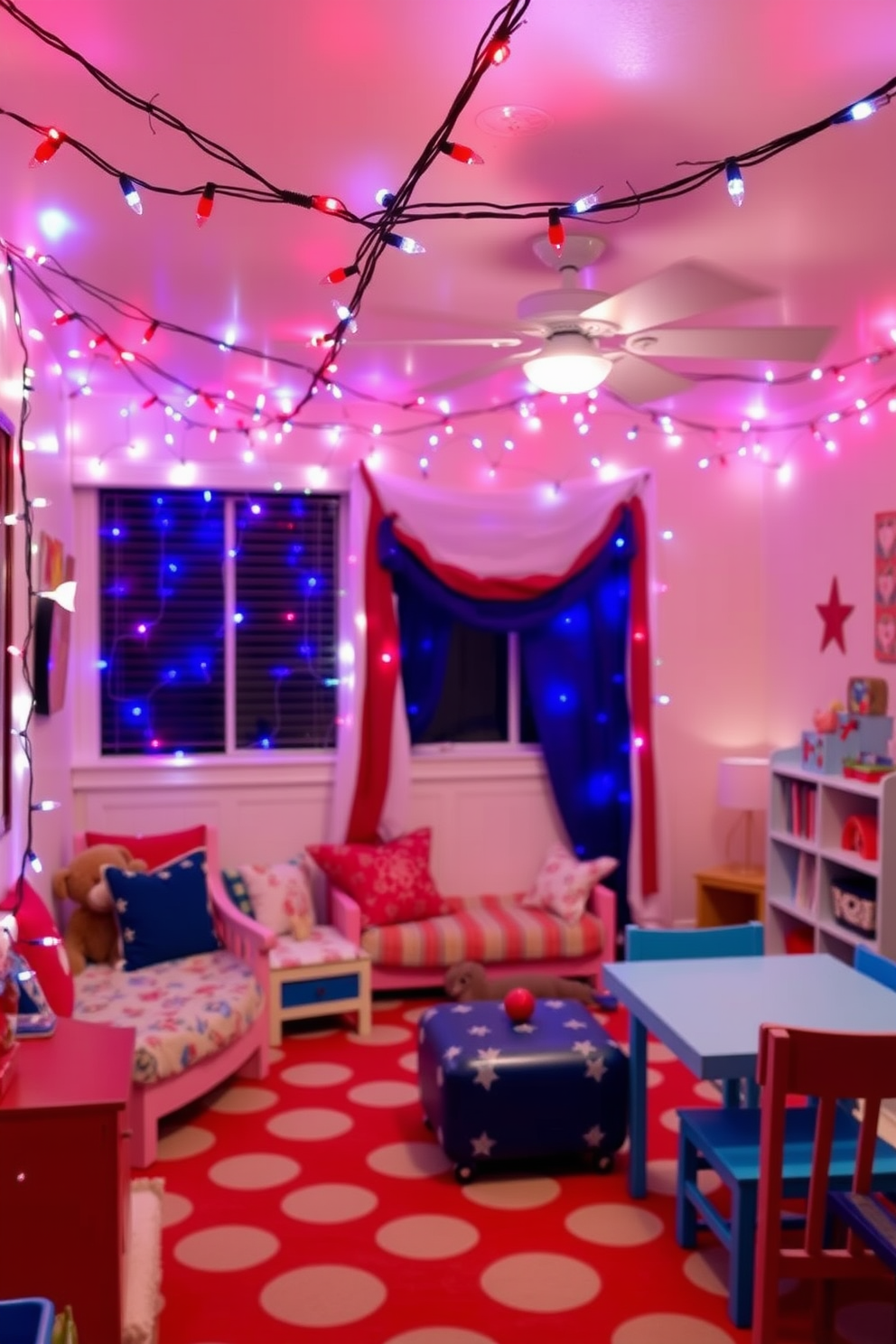 Create a vibrant playroom decorated with red white and blue fairy lights for a Memorial Day celebration. The lights are strung along the walls and ceiling, casting a festive glow over colorful furniture and playful decor.