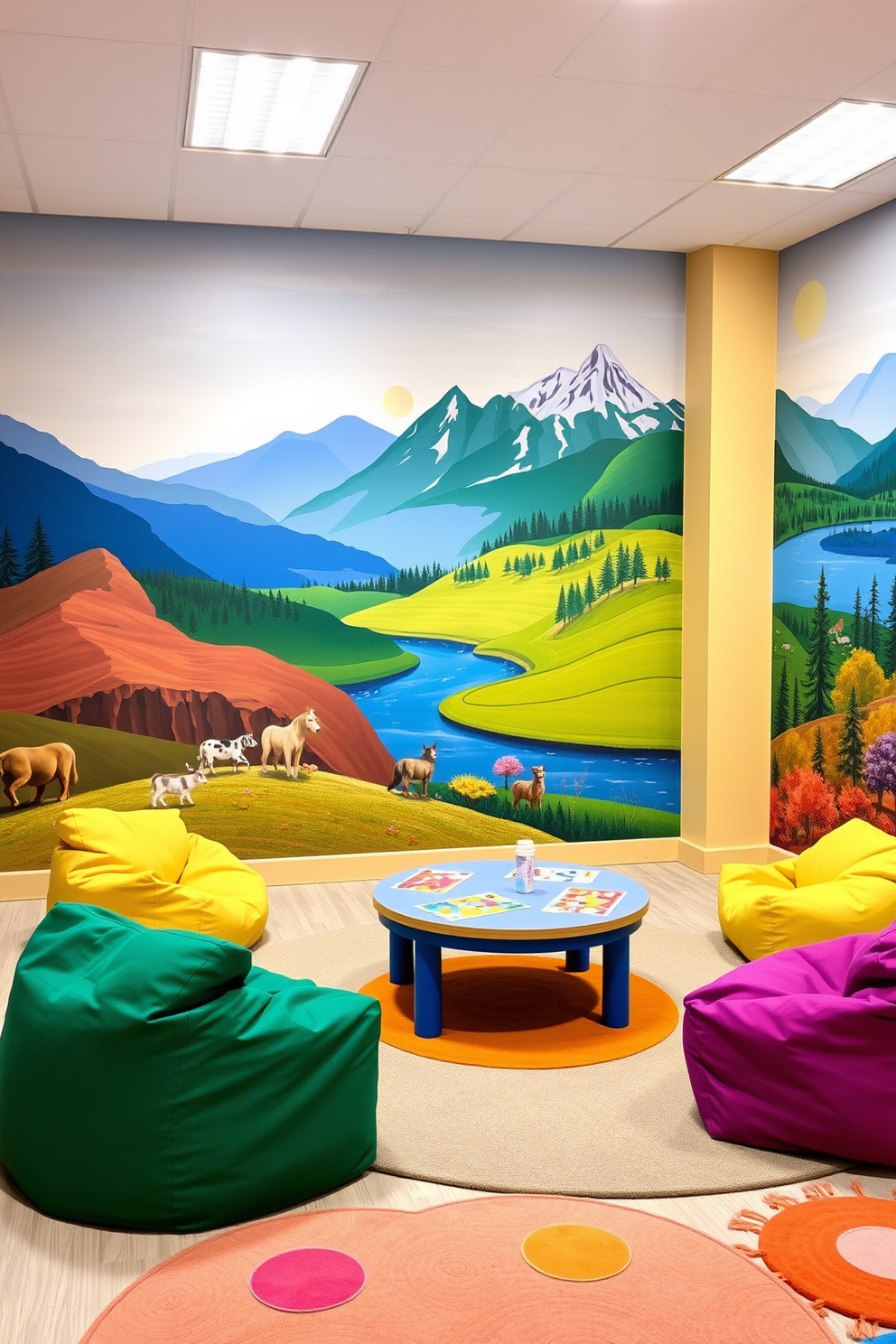 A vibrant mural depicting iconic American landscapes fills the playroom wall, showcasing rolling hills, majestic mountains, and serene lakes. The colors are bright and inviting, inspiring creativity and exploration in children as they play. The playroom is designed with playful furniture, including colorful bean bags and a low table for arts and crafts. Soft rugs in various shapes create cozy areas for children to gather and enjoy their space.