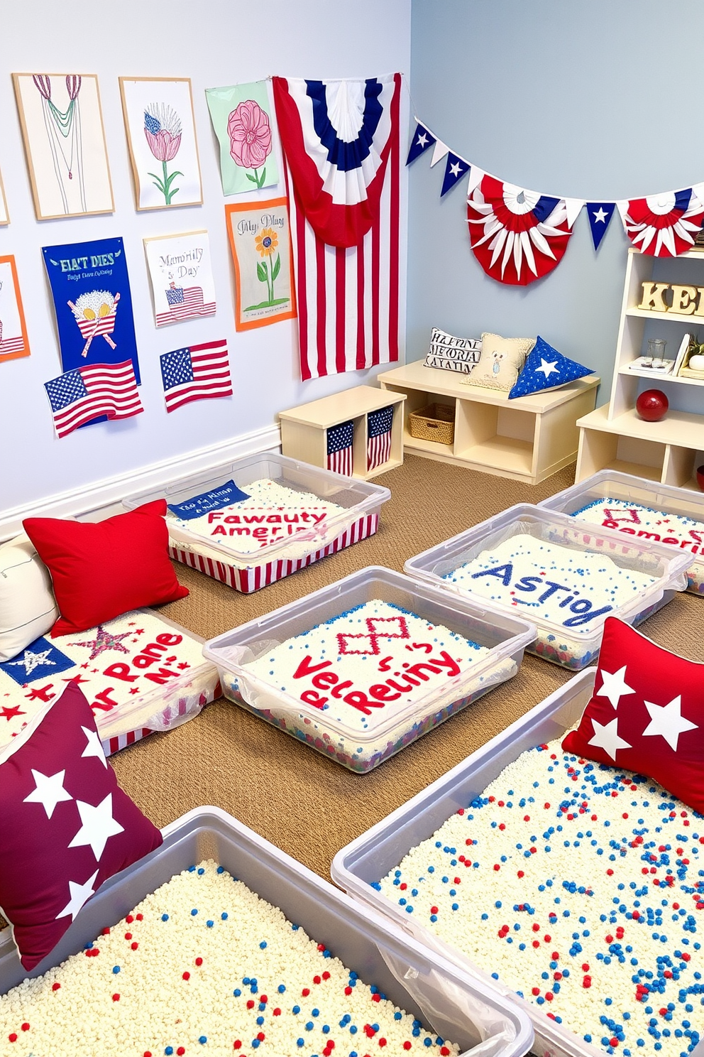 A vibrant playroom filled with DIY flag-themed sensory bins. Each bin is decorated with red white and blue colors and contains various textures like sand rice and water beads to engage children's senses. The walls are adorned with patriotic artwork and bunting celebrating Memorial Day. Soft seating areas with cushions in star patterns provide a cozy spot for kids to explore their sensory bins.