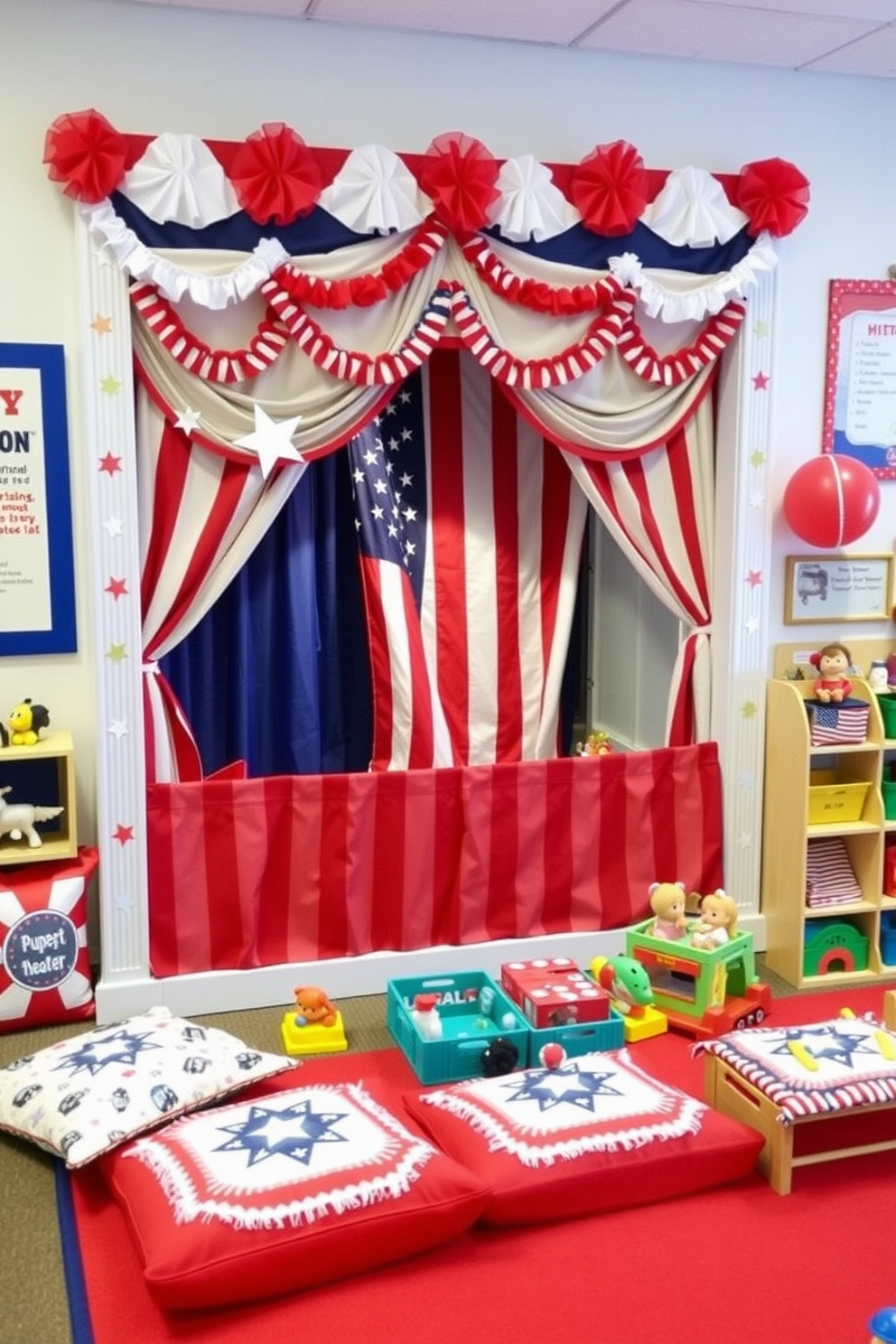 A vibrant playroom decorated with a red white and blue theme for Memorial Day. The walls are painted in a crisp white, adorned with red and blue bunting, and a large American flag hangs prominently. In one corner, a cozy dress-up area features a red velvet curtain that frames a full-length mirror. A colorful assortment of costumes in red white and blue hangs on wooden hooks, inviting children to engage in imaginative play.