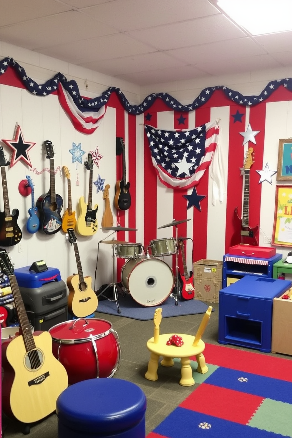 A vibrant music corner themed for Memorial Day. The space features a red white and blue color scheme with patriotic decor and a variety of musical instruments displayed on the walls. The playroom is designed for fun and creativity. It includes colorful furniture playful artwork and interactive elements that encourage imaginative play while honoring the spirit of the holiday.