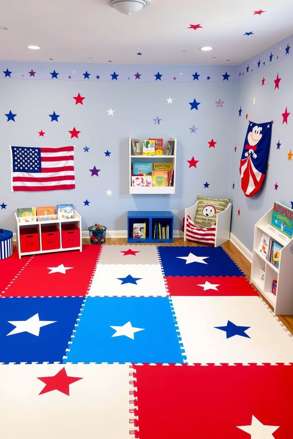 A vibrant playroom filled with patriotic themed play mats featuring red white and blue colors. The walls are adorned with stars and stripes decals while a cozy reading nook includes a small bookshelf filled with children's books about American history.