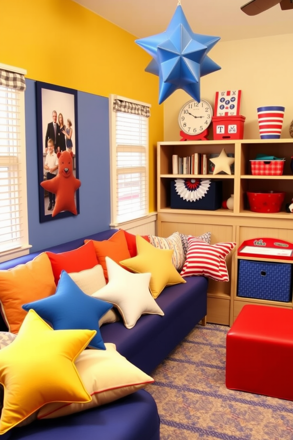 Create a vibrant playroom designed for comfort and fun. Incorporate star shaped pillows in various colors scattered across a cozy seating area to enhance the playful atmosphere. Use a mix of bold and pastel colors to decorate the walls and furniture, creating an inviting space for children to enjoy. Add festive Memorial Day elements like red, white, and blue decor to celebrate the holiday while maintaining a playful vibe.