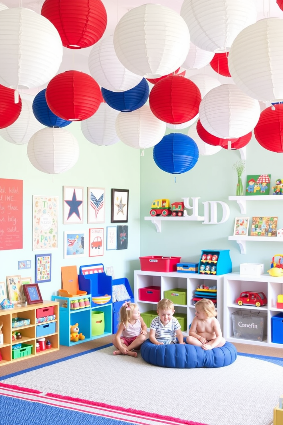 A vibrant playroom filled with DIY paper lanterns in red, white, and blue creates a festive atmosphere for Memorial Day celebrations. The walls are adorned with playful artwork and colorful shelves filled with toys, while a cozy seating area invites children to relax and enjoy the space.