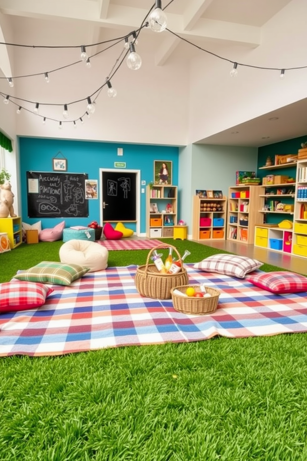 A creative picnic area with blankets features a large checkered blanket spread across a lush green lawn. Surrounding the picnic blanket are colorful cushions and a wicker basket filled with snacks and drinks, with string lights hanging above to create a festive atmosphere. The playroom is designed with vibrant colors and playful decor to inspire creativity and fun. It includes a cozy reading nook with bean bags, a chalkboard wall for drawing, and shelves filled with toys and games to engage children of all ages.