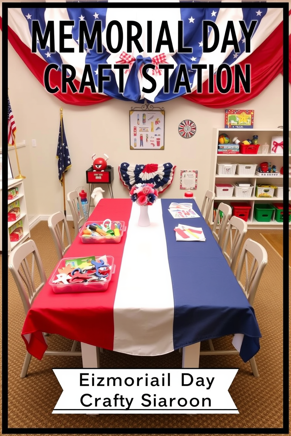 Create a Memorial Day themed craft station that features a large table covered with a red white and blue tablecloth. Surround the table with comfortable chairs and display various craft supplies including colored paper scissors and glue in decorative bins. Design a Memorial Day playroom that incorporates patriotic colors and fun decorations. Include a cozy reading nook with themed books and a play area with toys that celebrate the holiday spirit.