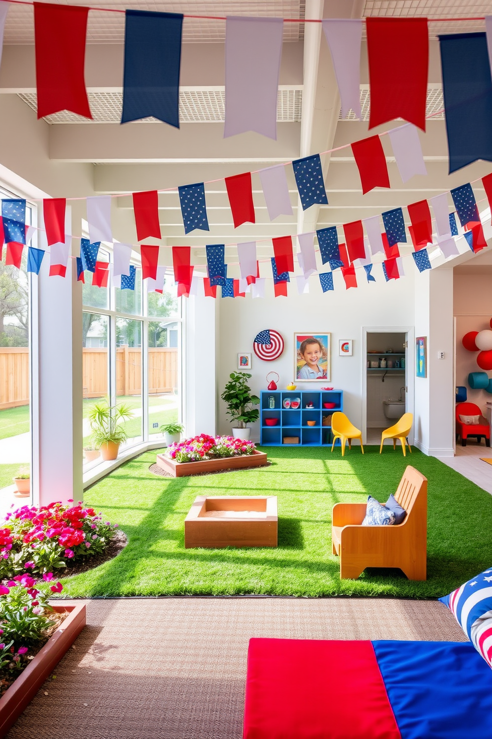 An inviting outdoor play space for children is adorned with colorful flags fluttering in the gentle breeze. The area features a soft grass surface, surrounded by vibrant flower beds and a small sandbox for endless fun. Inside, the playroom is decorated with a patriotic theme, showcasing red, white, and blue accents throughout. Playful wall art and cozy seating create a cheerful atmosphere, perfect for celebrating Memorial Day with family and friends.