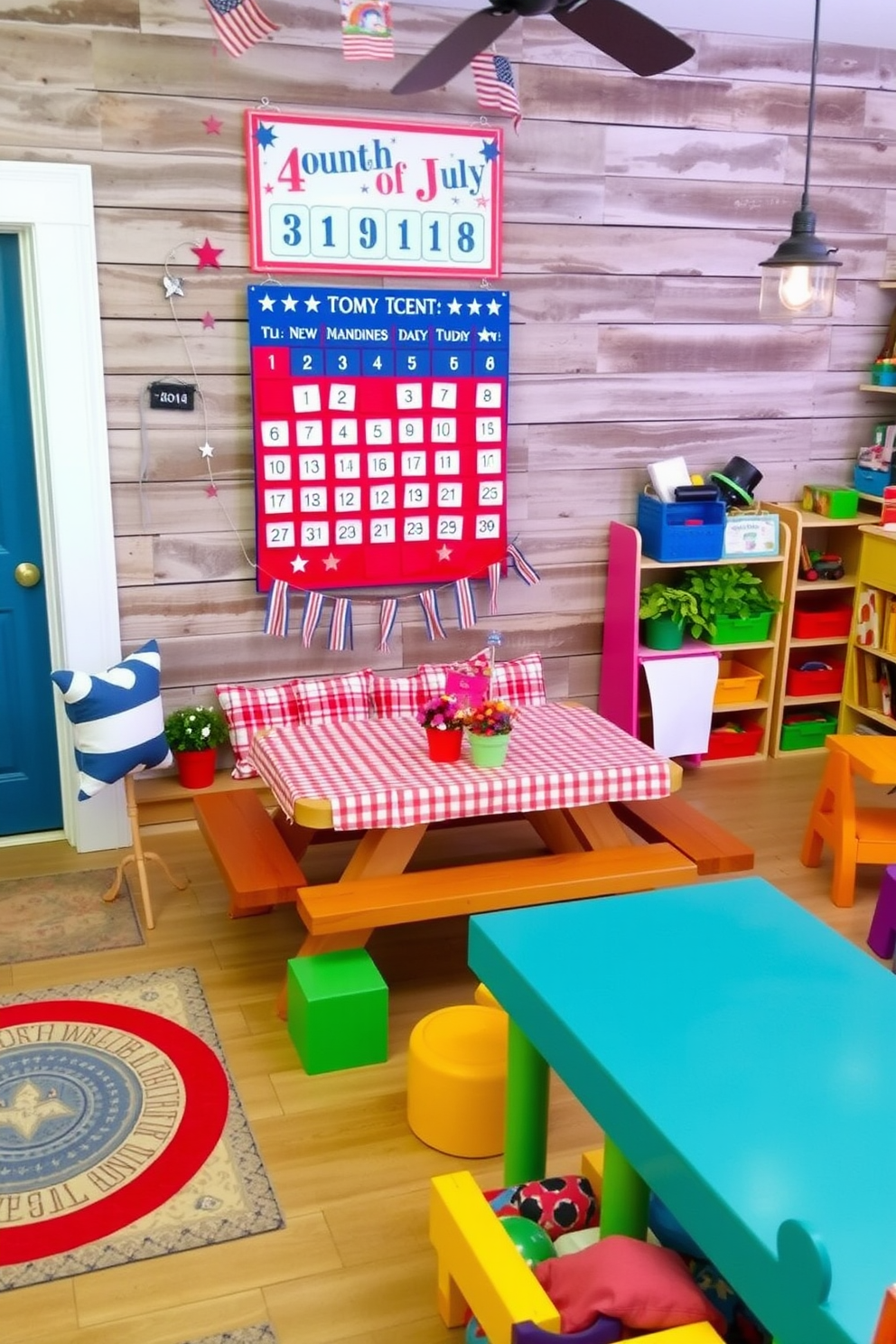 A festive Fourth of July countdown calendar is displayed prominently on a rustic wooden wall. The calendar features red, white, and blue colors with stars and stripes, along with small hanging decorations like mini flags and fireworks. For Memorial Day, a serene outdoor space is designed with a comfortable seating area. The setup includes a picnic table adorned with a red and white checkered tablecloth, surrounded by vibrant flower pots and lanterns for evening gatherings. The playroom is a vibrant and inviting space filled with colorful furniture and playful decor. Soft area rugs cover the floor, and walls are painted in cheerful hues, complemented by shelves filled with toys and books for endless fun.