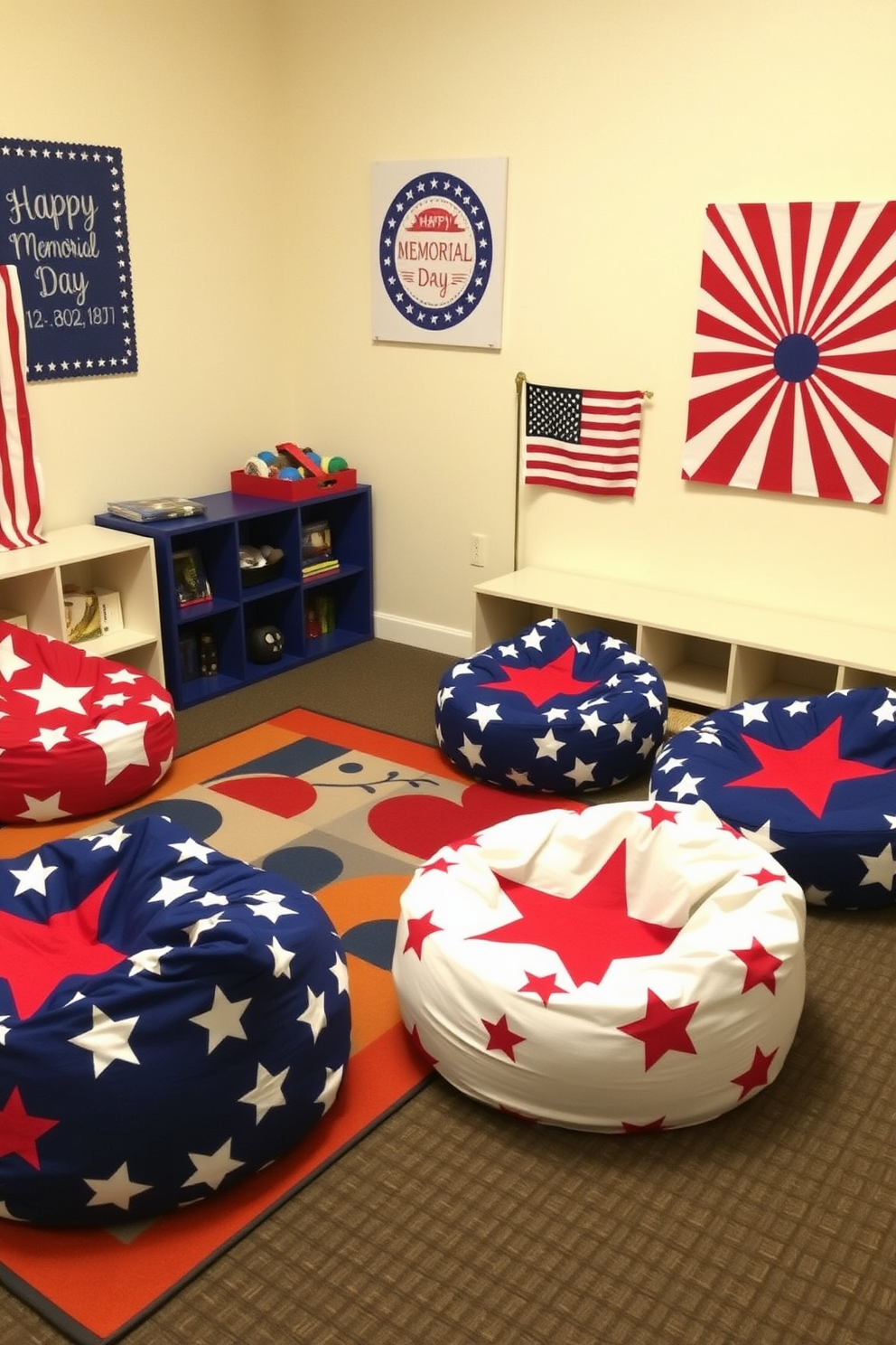 A cozy Memorial Day themed story corner featuring a soft blue and white striped rug. In the corner, a wooden bookshelf is filled with patriotic-themed books and plush cushions in red, white, and blue. A vibrant Memorial Day playroom decorated with colorful bunting and balloons. The walls are adorned with framed artwork depicting scenes of summer and freedom, while a play table is set with red and white checkered tablecloths.