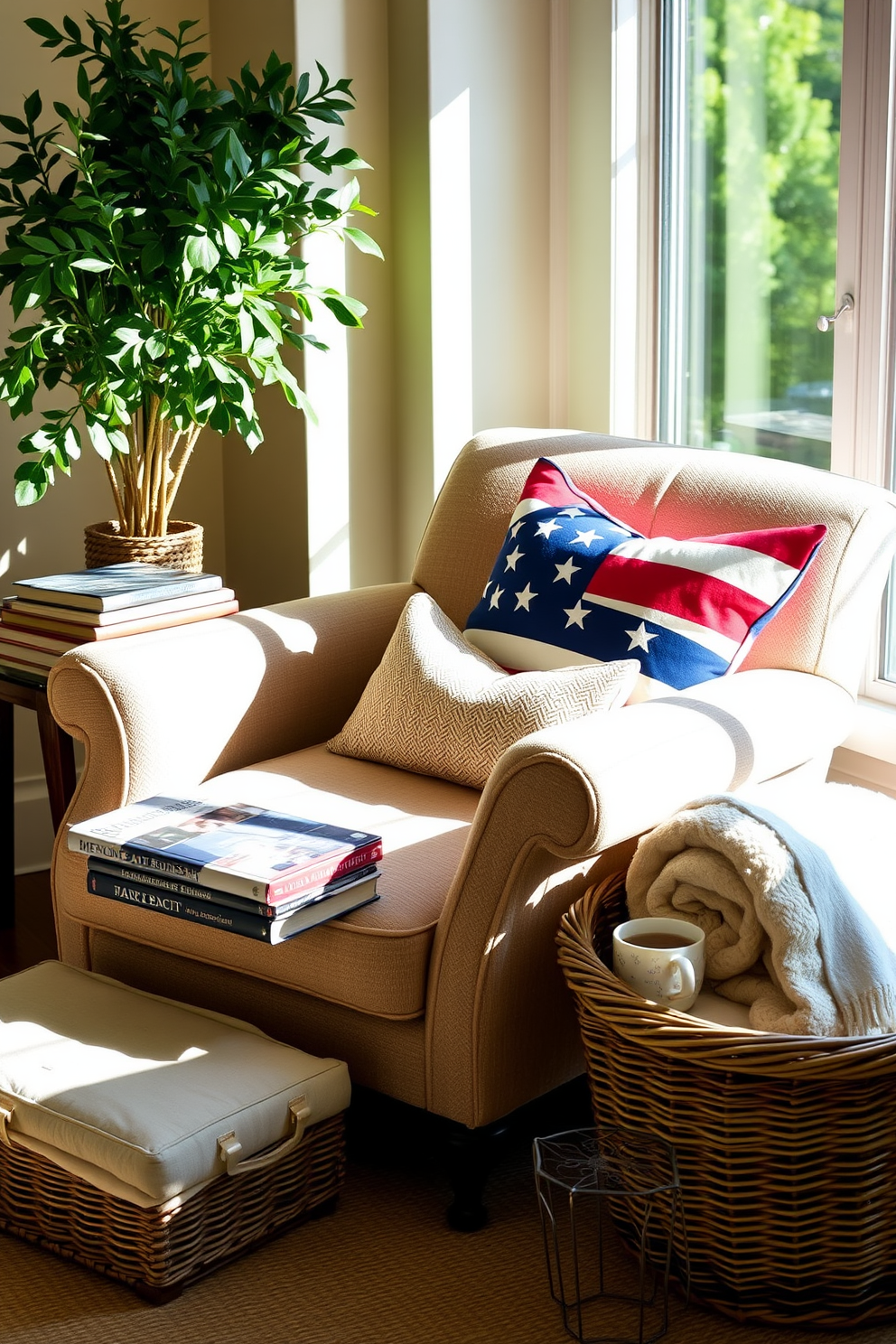 Cozy armchair upholstered in soft fabric positioned in a sunlit corner of the room. The armchair is adorned with vibrant patriotic throw pillows featuring stars and stripes for a festive touch. Next to the armchair, a small side table holds a stack of classic novels and a steaming cup of tea. A woven basket filled with cozy blankets sits nearby, inviting relaxation in this Memorial Day reading nook.