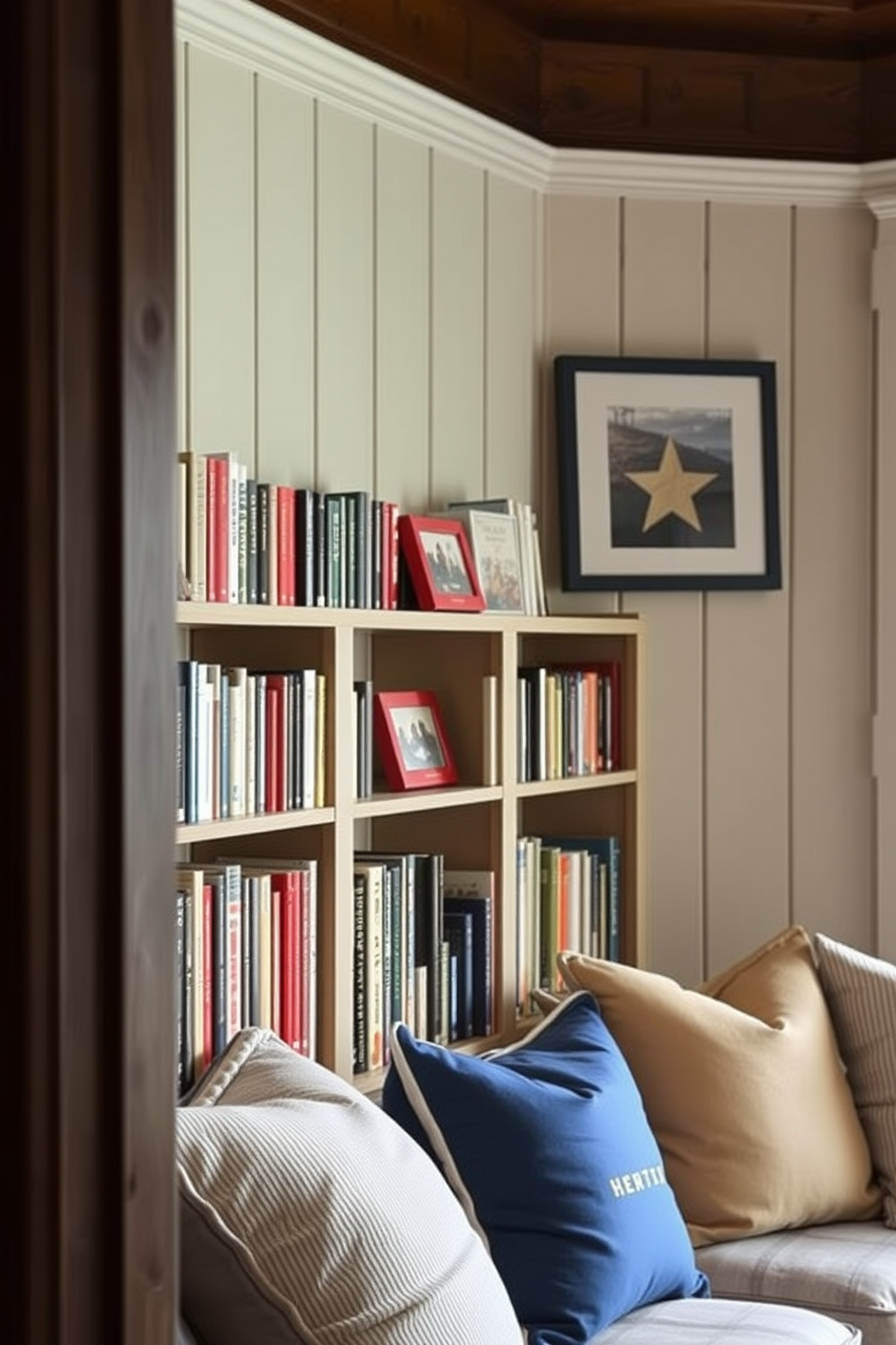 A cozy reading nook featuring a wooden bookshelf painted in patriotic colors. The space is adorned with comfortable seating and soft cushions, creating an inviting atmosphere for relaxation and reflection.