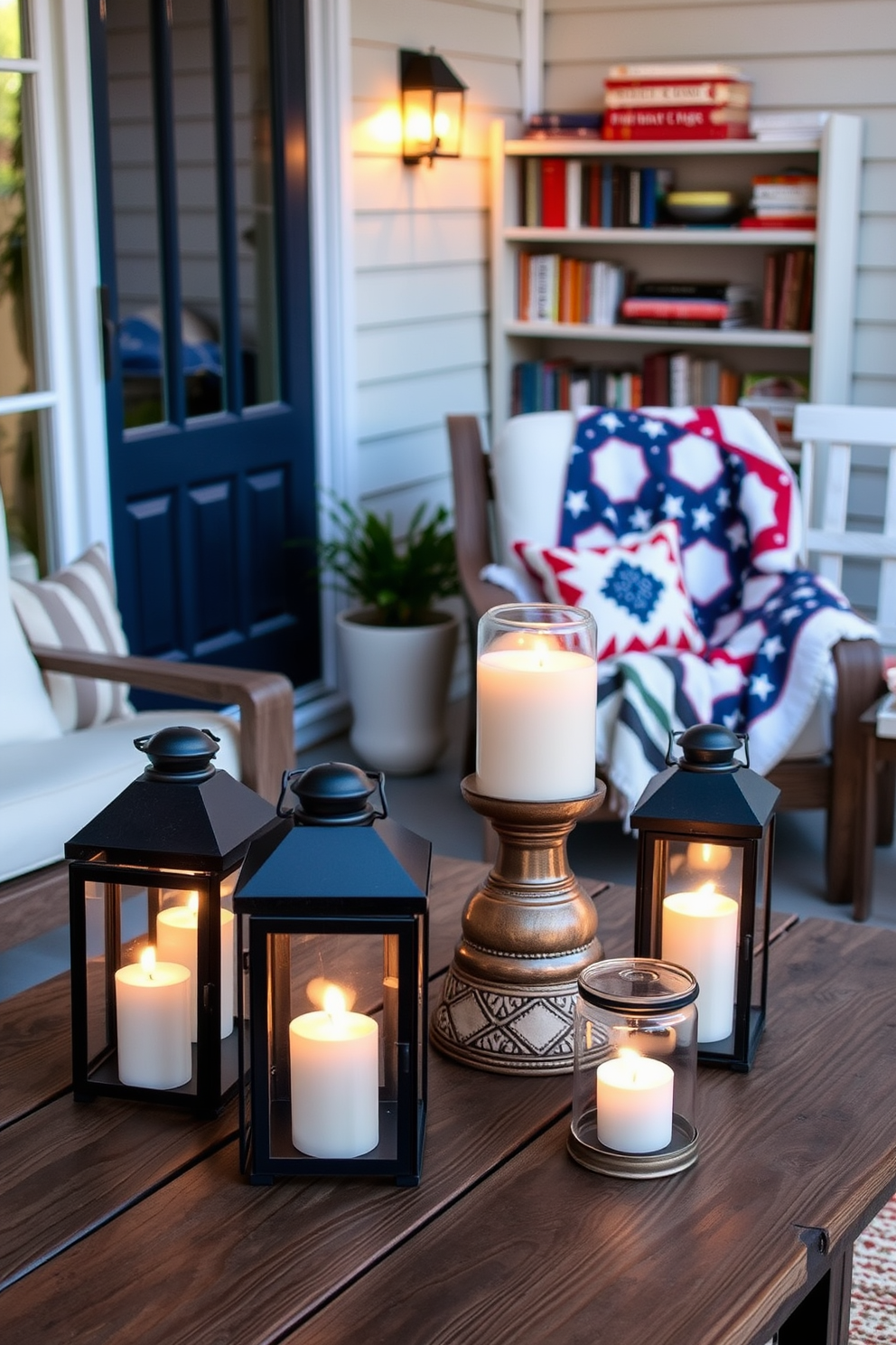 Decorative lanterns for evening ambiance. Softly glowing lanterns are arranged on a rustic wooden table, casting warm light over a cozy outdoor seating area adorned with plush cushions and blankets. Memorial Day Reading Nook Decorating Ideas. A serene reading nook is created with a comfortable armchair draped in a patriotic quilt, surrounded by shelves filled with books and a small side table holding a refreshing beverage.