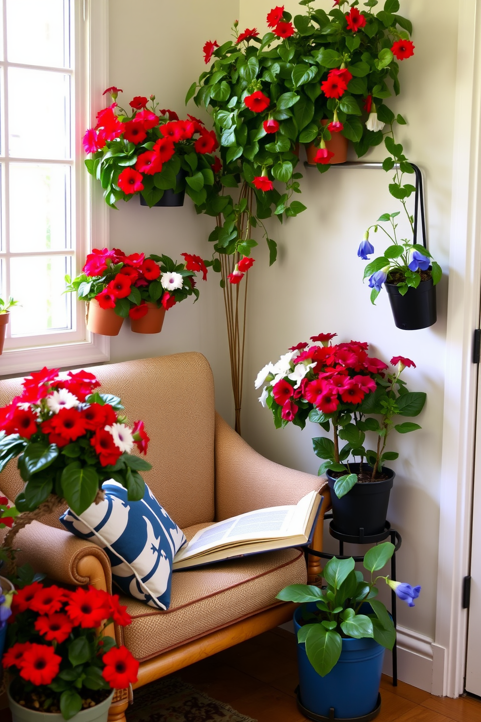 A cozy reading nook adorned with potted plants featuring vibrant red white and blue flowers. The nook is designed with a comfortable armchair, a small side table, and warm lighting to create an inviting atmosphere.