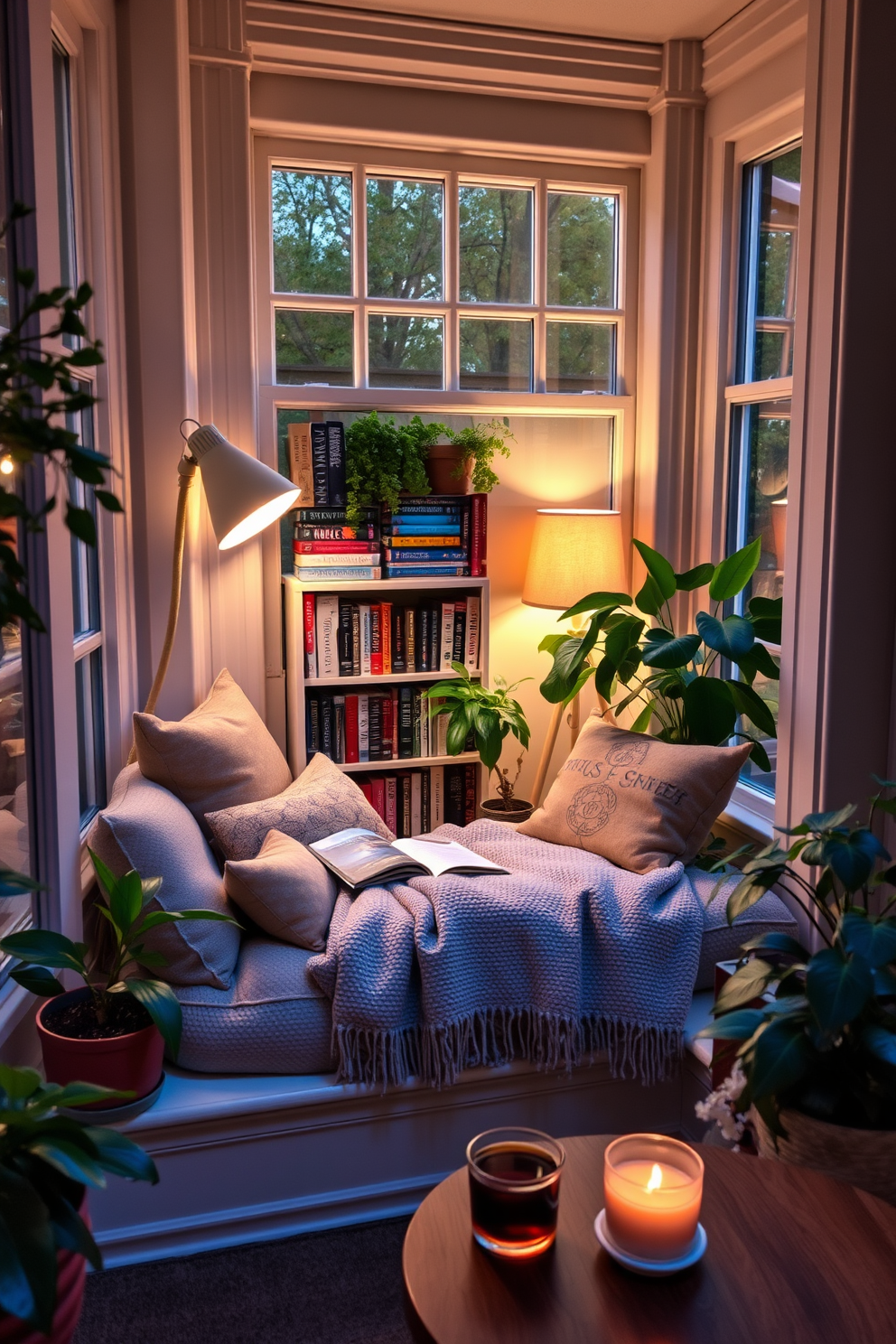 A cozy reading nook is tucked into a bay window, featuring plush cushions and a soft throw blanket. The space is adorned with a small bookshelf filled with favorite novels and a warm lamp casting a gentle glow. Surrounding the nook are potted plants that add a touch of greenery and freshness to the area. A small side table holds a steaming cup of tea, inviting relaxation and peaceful reading moments.