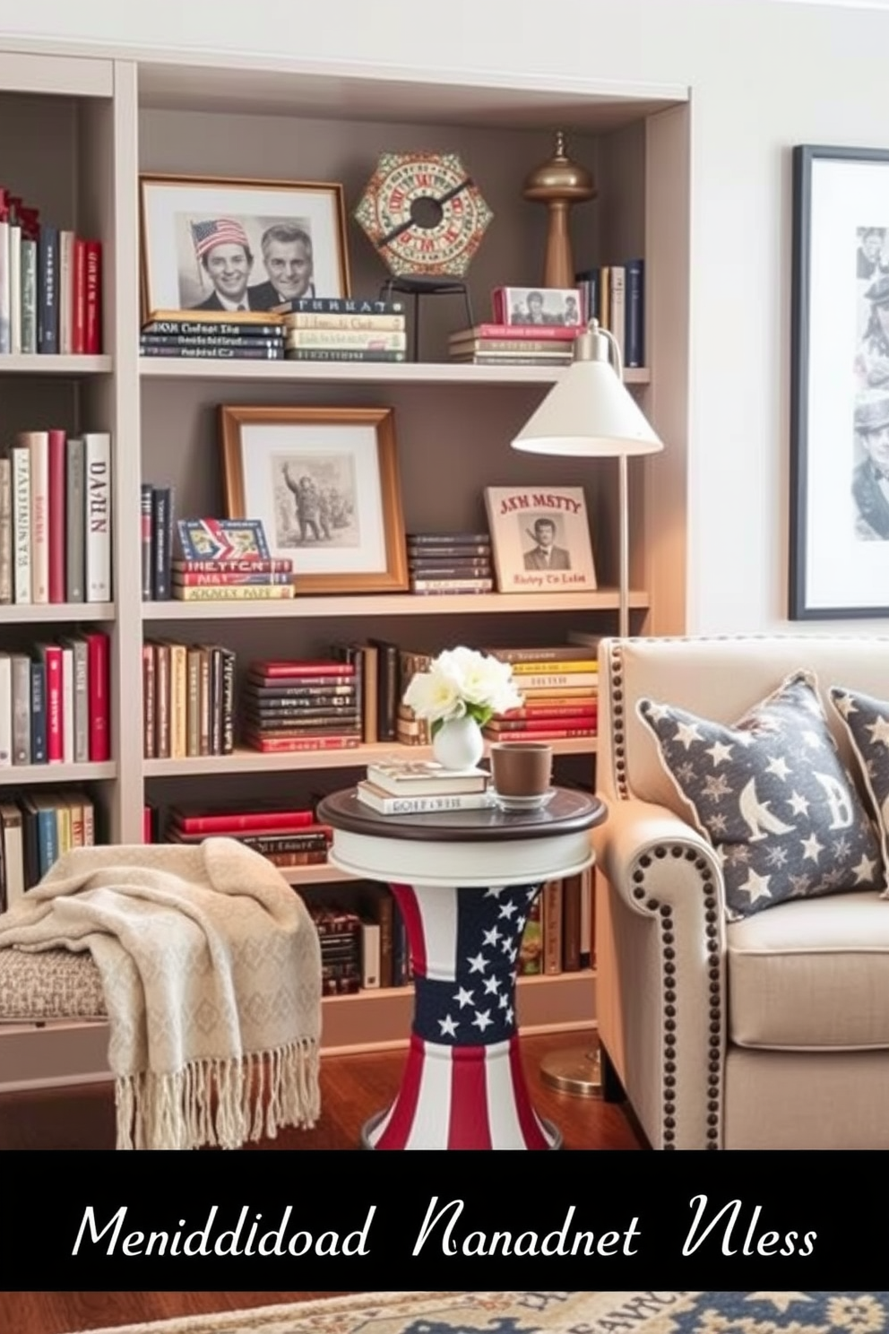 Create a cozy reading nook featuring an accent table adorned with a flag motif. The table is placed next to a comfortable armchair, with a soft throw blanket draped over the side. Surround the nook with shelves filled with books and patriotic decor. Add a warm lamp to create a welcoming atmosphere for Memorial Day reading.